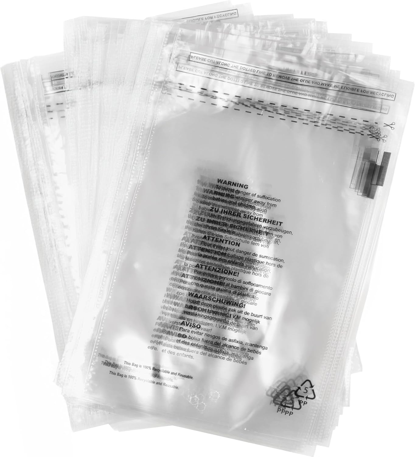 100 x Self Seal Clear Cellophane Plastic Bags with Suffocation Warning in 5 Languages, FBA Polybags, Transparent Packaging Poly Bags (10'' x 14'')
