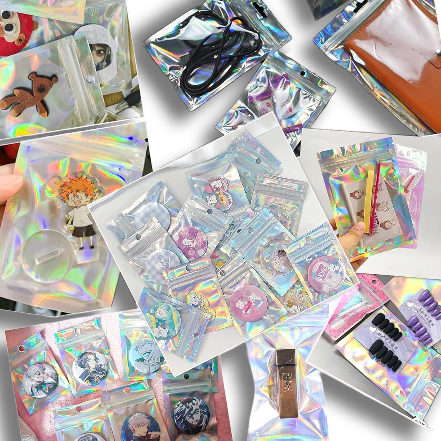 50pcs Holographic Mylar Bag 12x20cm - Pink Smell Proof Resealable Sweet Pouches for Lipgloss, Jewelry, Eyelash, Food Storage Gift With Grip Foil Ziplock - Image 5