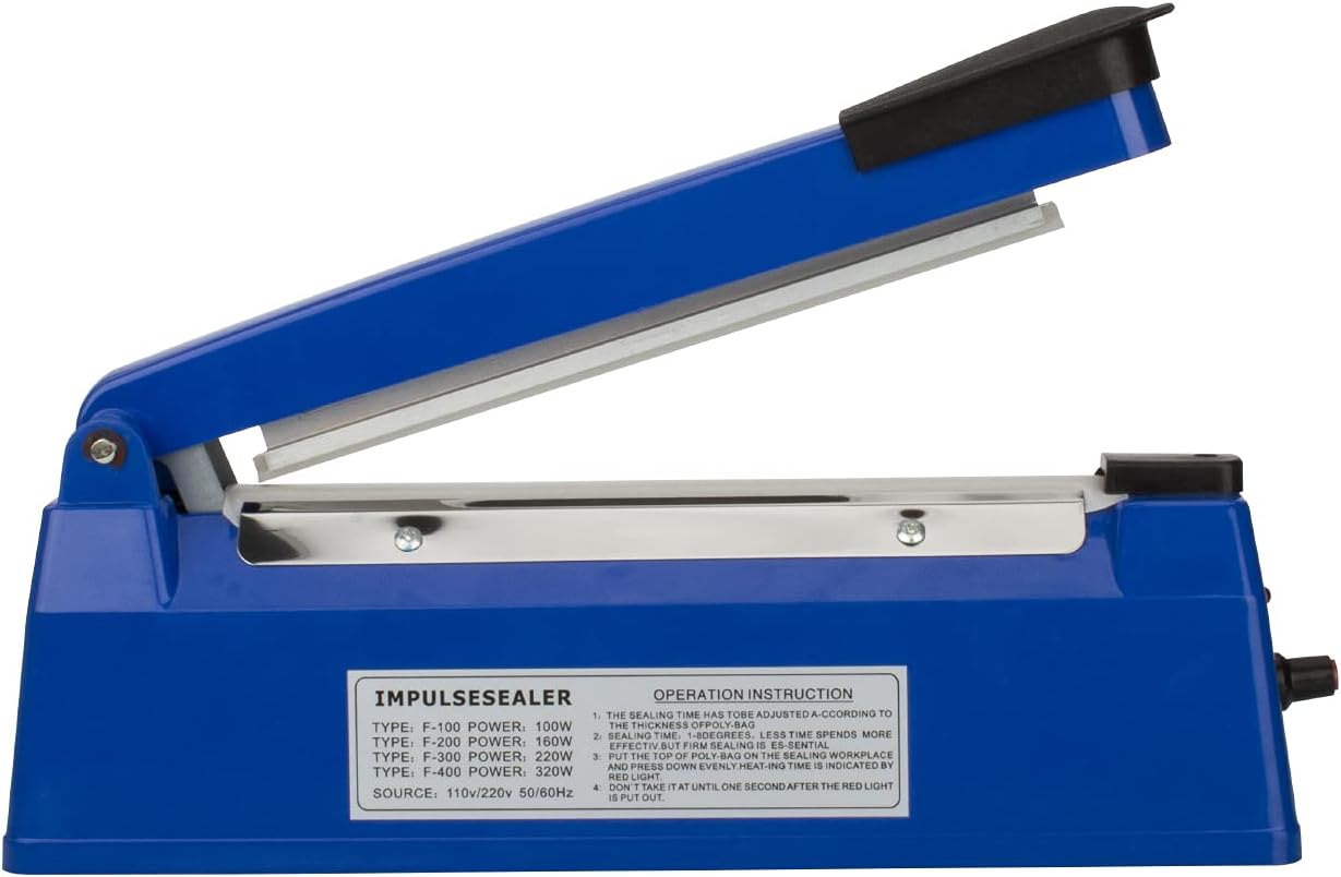 Impulse Heat Sealer Food Sealer Machines Film Sealing Machine for PP and PE Plastic Bag Sealer 300mm 350W Metal/ABS (Blue, 12")