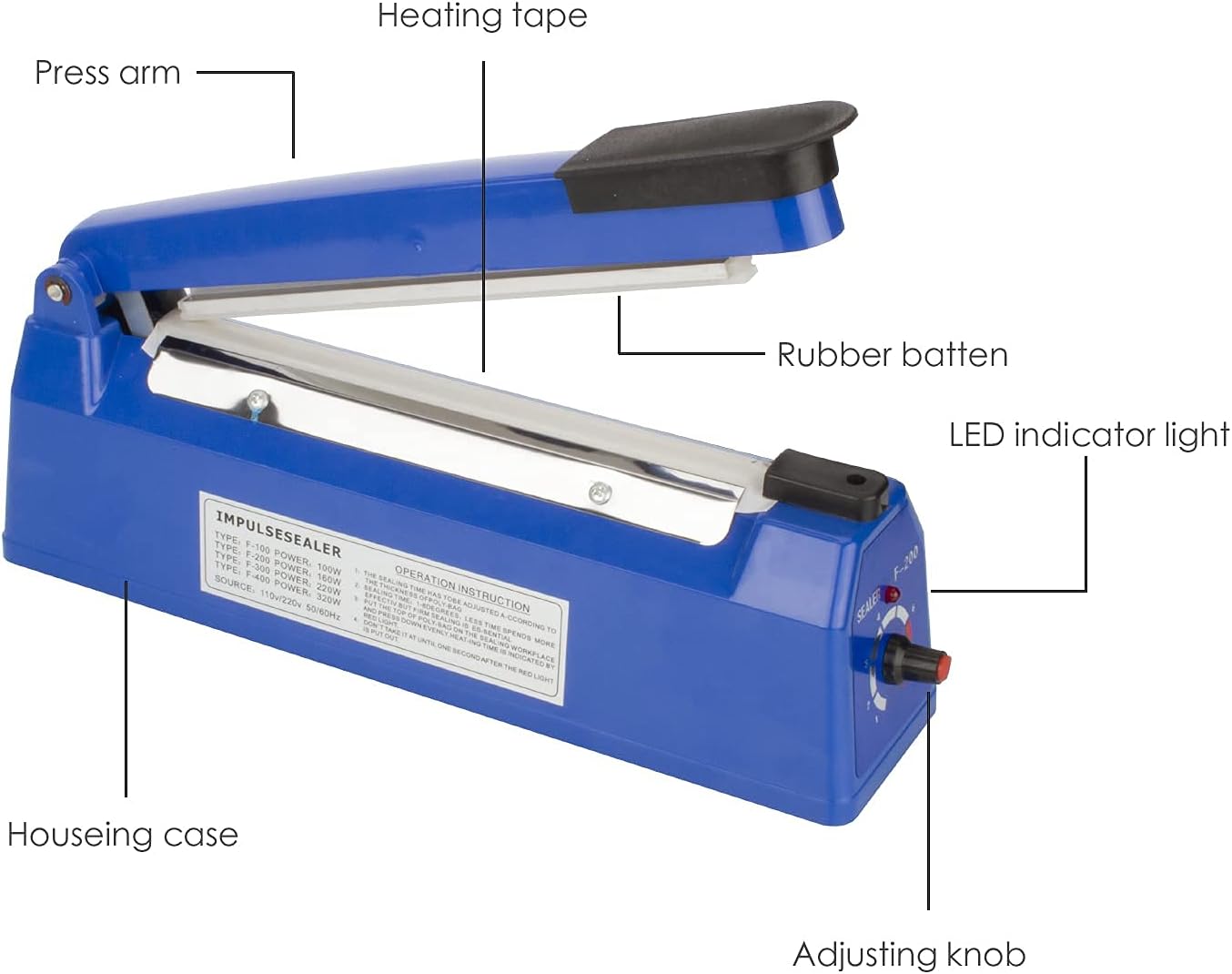 Impulse Heat Sealer Food Sealer Machines Film Sealing Machine for PP and PE Plastic Bag Sealer 300mm 350W Metal/ABS (Blue, 12") - Image 8