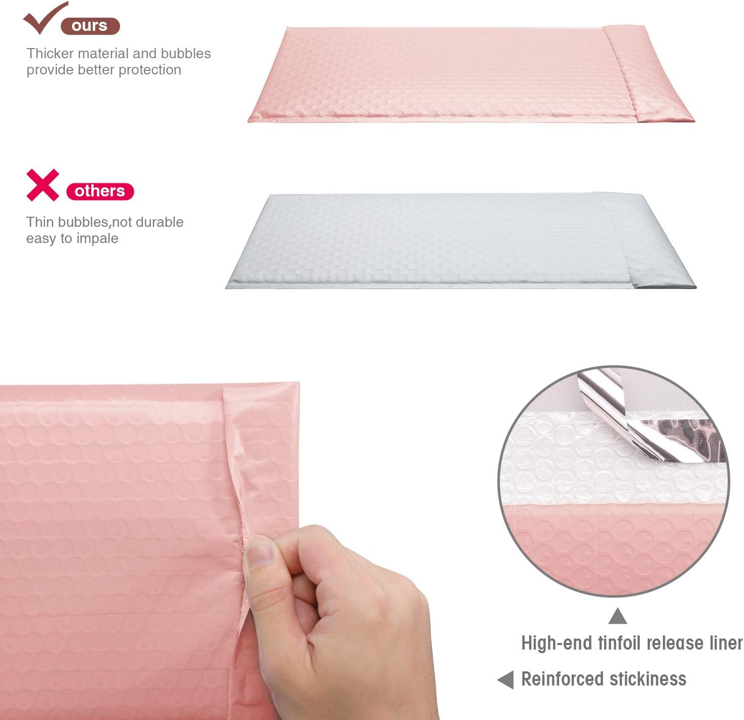 Switory 50Pcs Poly Bubble Mailers, 10.2x17.7cm Padded Envelopes Bubble Lined Wrap Polymailer Bags for Shipping Packaging Mailing Self Seal, Pale Pink (Outside Size: 10.2x22.3cm) - Image 5