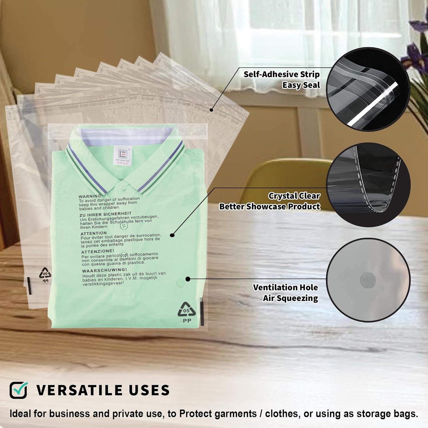 100 Pcs Clear Plastic Self Seal Garment Clothing Bags 9" x 12- Clear Opp Bags for Postage - Image 3