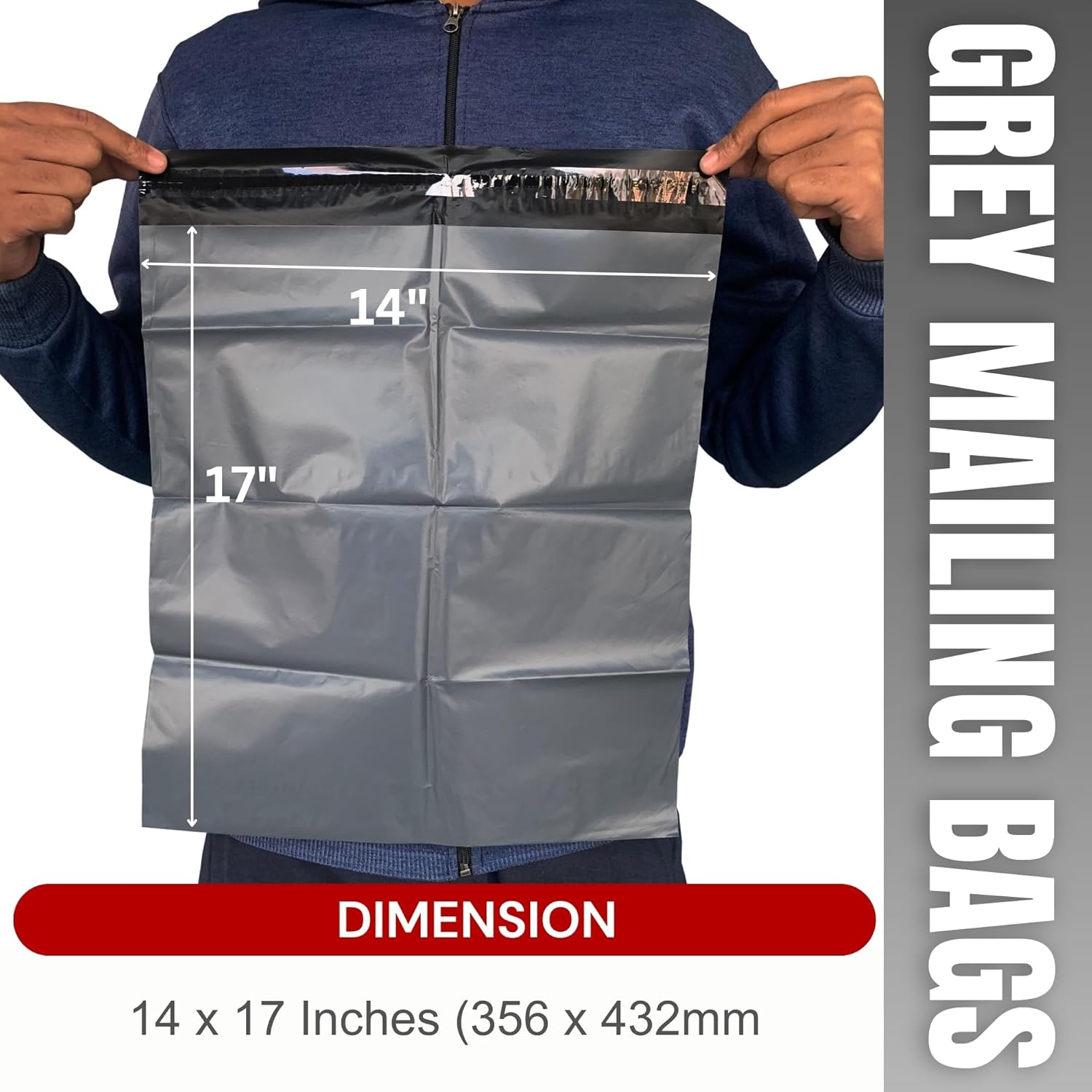 JeeJaan® 100 Grey Parcel Bags 14" x 17" (355 x 432mm) Strong Self Seal Recyclable Mailing Bags for Postage Envelopes Courier Shipping Bags - Image 2