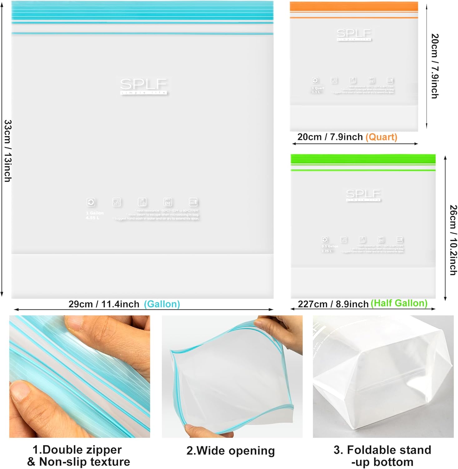 SPLF 15 Pack Reusable Gallon Freezer Bags Dishwasher Microwave Safe, Extra Thick 1 Gallon Ziplock Food Storage Bags, Leakproof Food Containers for Meal Prep, Fridge Kitchen Organization - Image 2
