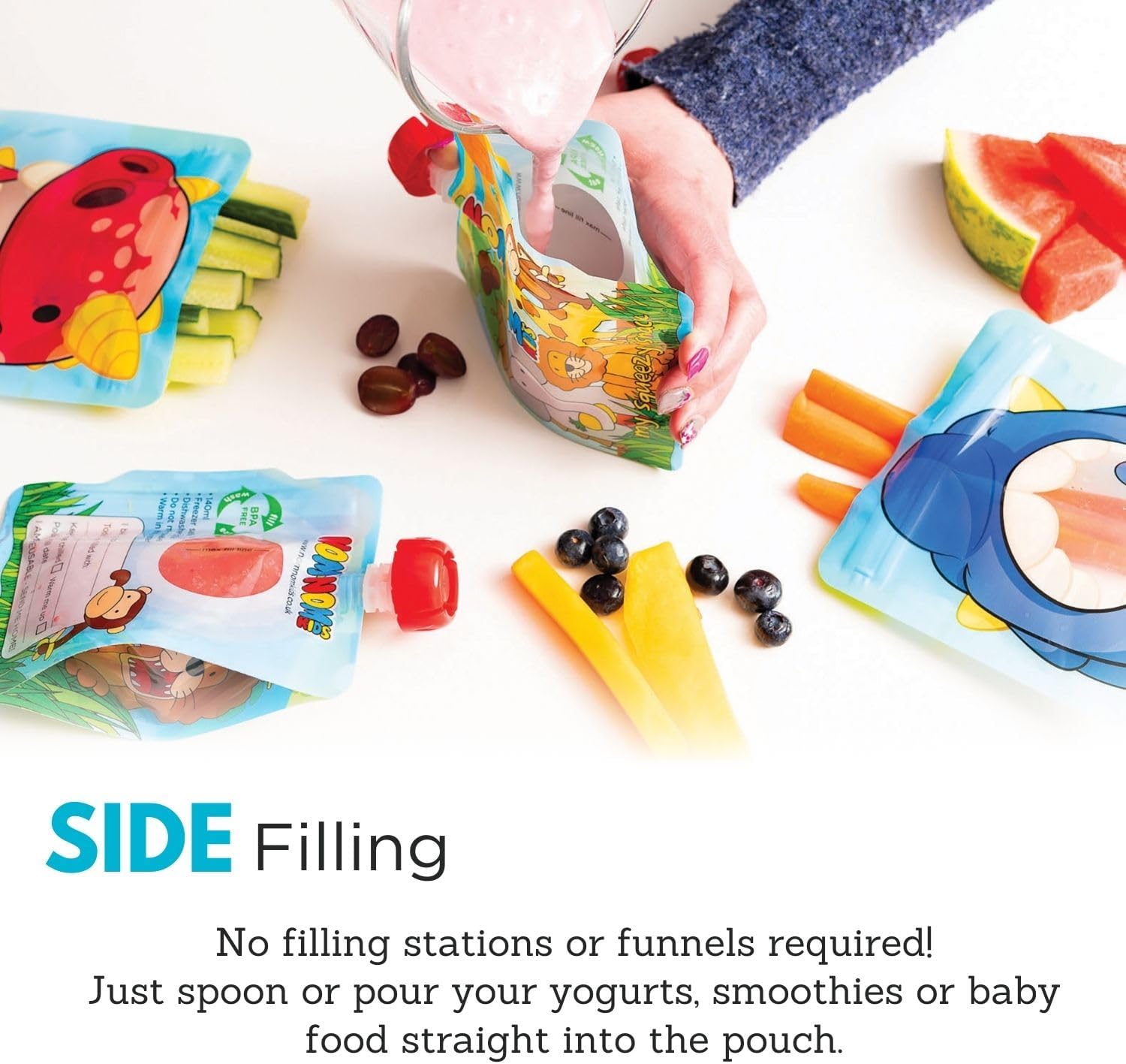 Nom Nom Kids – 10 x 140ml Animal Design Side Fill Pouches, 5 Extra caps, 1 Pen + 1 red or Blue Bonus Snack Bag for Finger Foods - Image 2