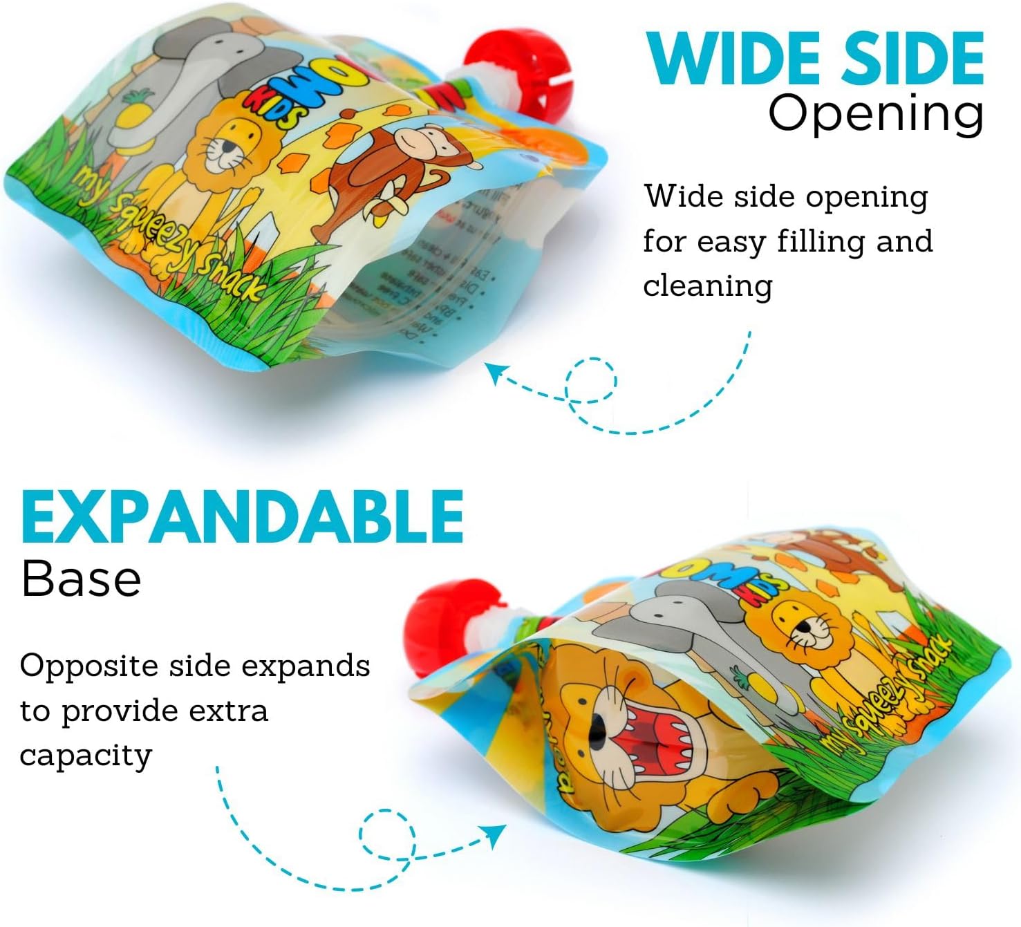 Nom Nom Kids – 10 x 140ml Animal Design Side Fill Pouches, 5 Extra caps, 1 Pen + 1 red or Blue Bonus Snack Bag for Finger Foods - Image 3