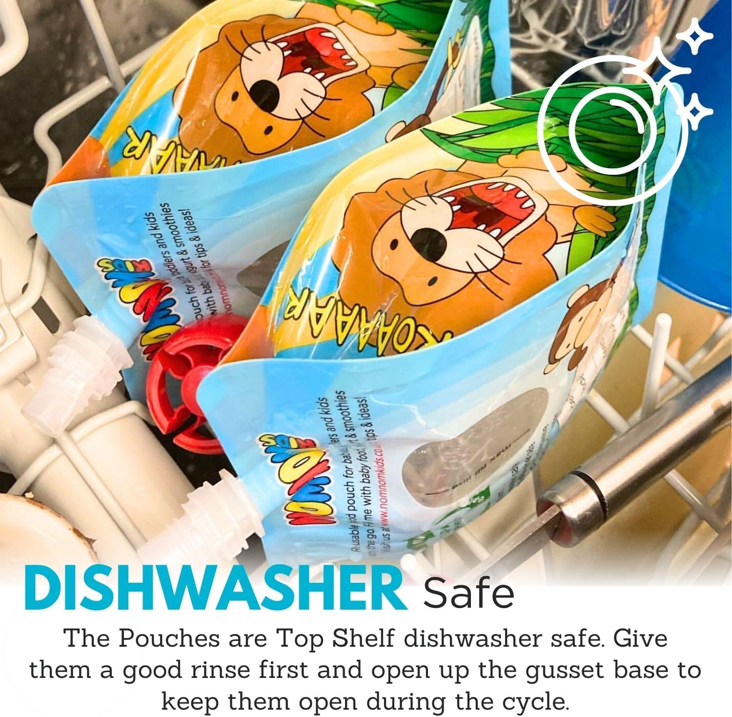 Nom Nom Kids – 10 x 140ml Animal Design Side Fill Pouches, 5 Extra caps, 1 Pen + 1 red or Blue Bonus Snack Bag for Finger Foods - Image 4