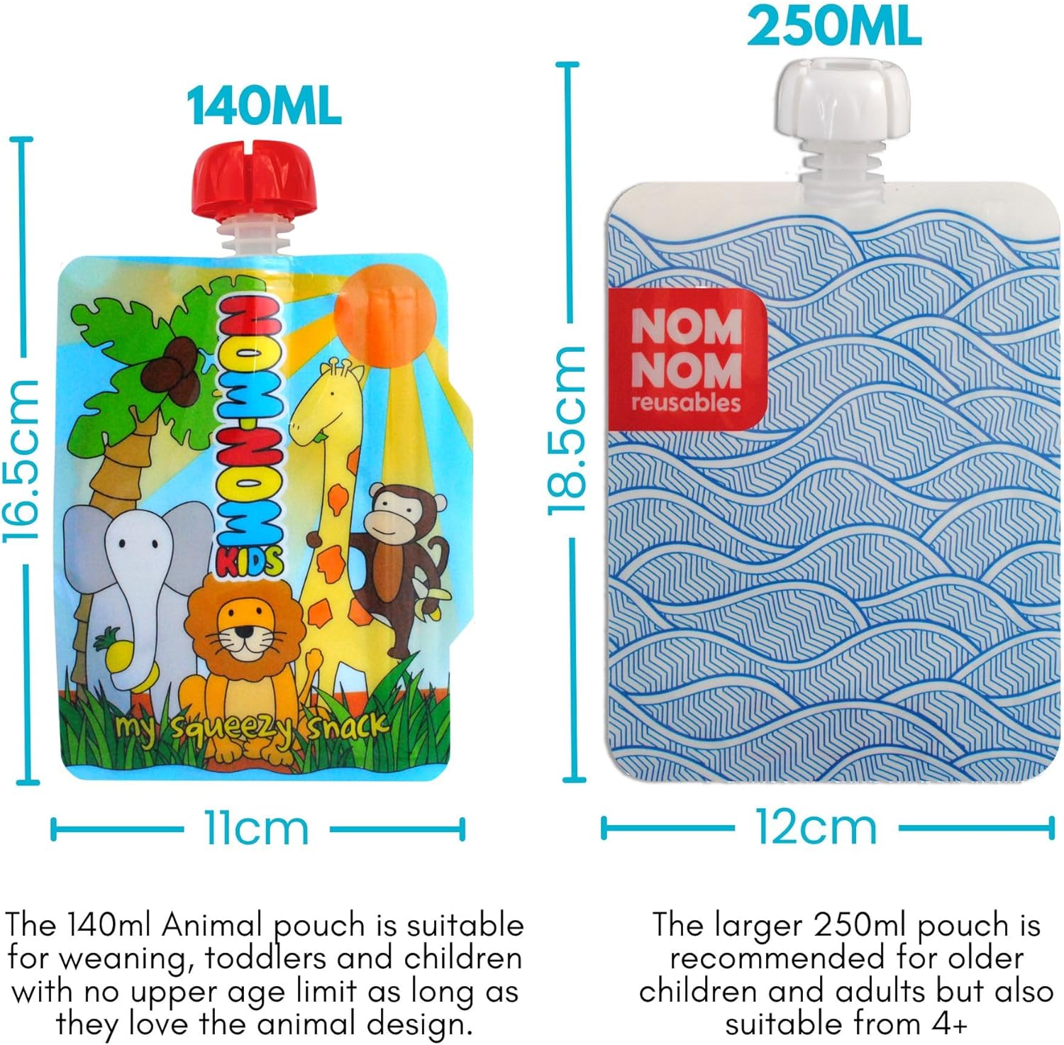 Nom Nom Kids – 10 x 140ml Animal Design Side Fill Pouches, 5 Extra caps, 1 Pen + 1 red or Blue Bonus Snack Bag for Finger Foods - Image 6