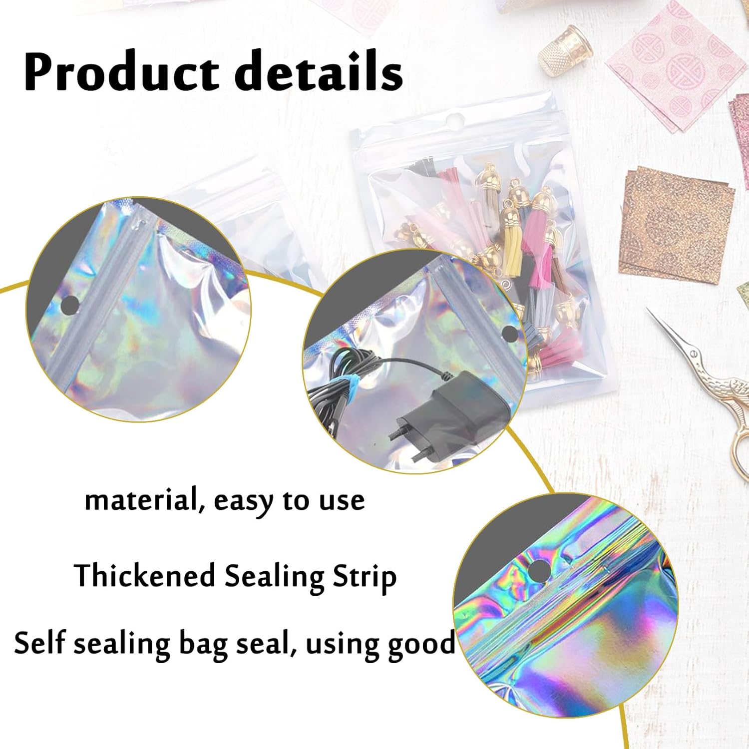 25pcs Mylar Holographic Packaging Bags, Resealable Smell Proof Aluminum Foil Clear Golden Flat Ziplock Durable Gift Packaging Food Storage for Candy Snack Jewelry, 10.5x15cm - Image 3