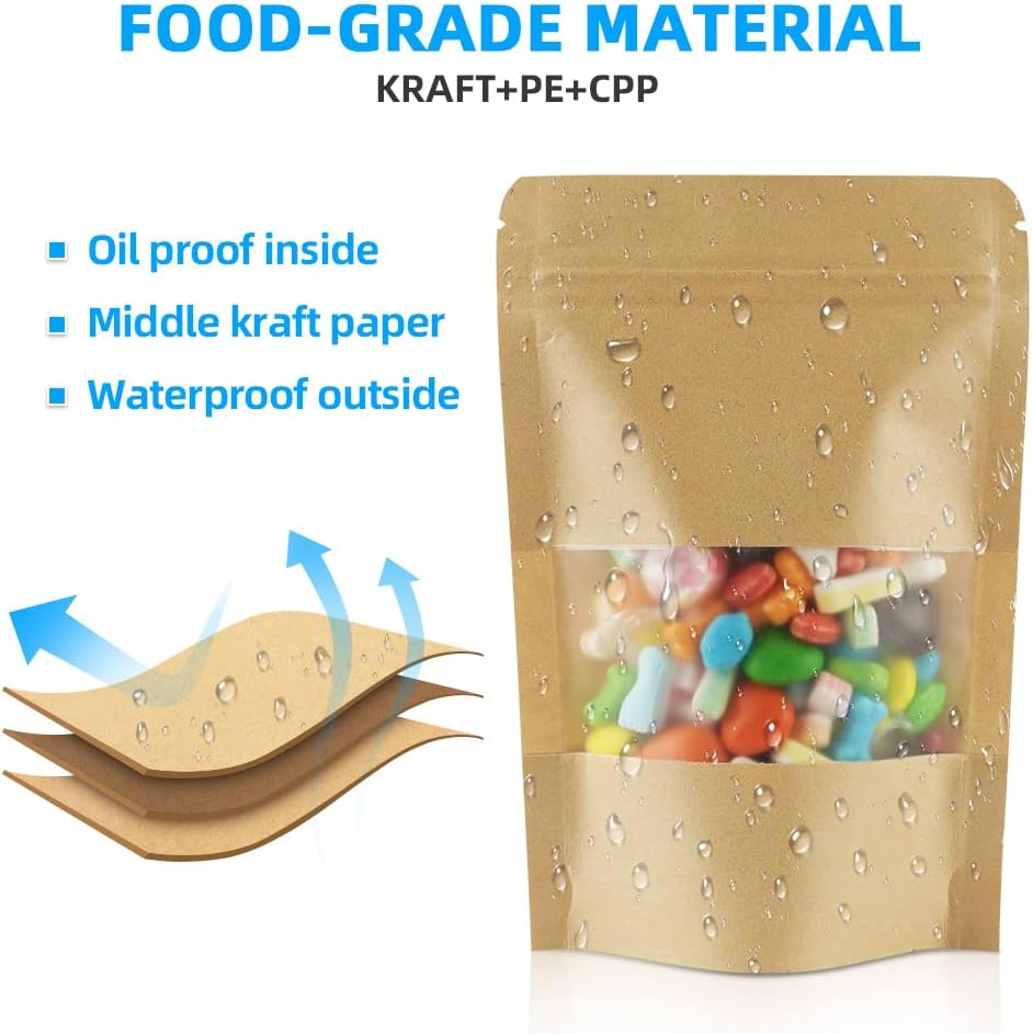 AUAUY 100 Reusable Brown Kraft Paper Stand Up Pouches with Window and Zipper Closure, 9*14cm/3.5*5.5inch, 100 Count, Sealed Paper Pouch with Reinforced Bottom, Ideal for Food Storage and Packaging - Image 2
