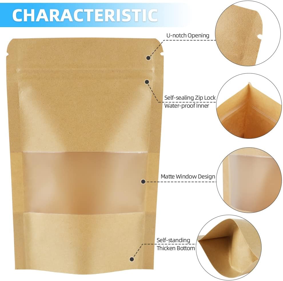 AUAUY 100 Reusable Brown Kraft Paper Stand Up Pouches with Window and Zipper Closure, 9*14cm/3.5*5.5inch, 100 Count, Sealed Paper Pouch with Reinforced Bottom, Ideal for Food Storage and Packaging - Image 3