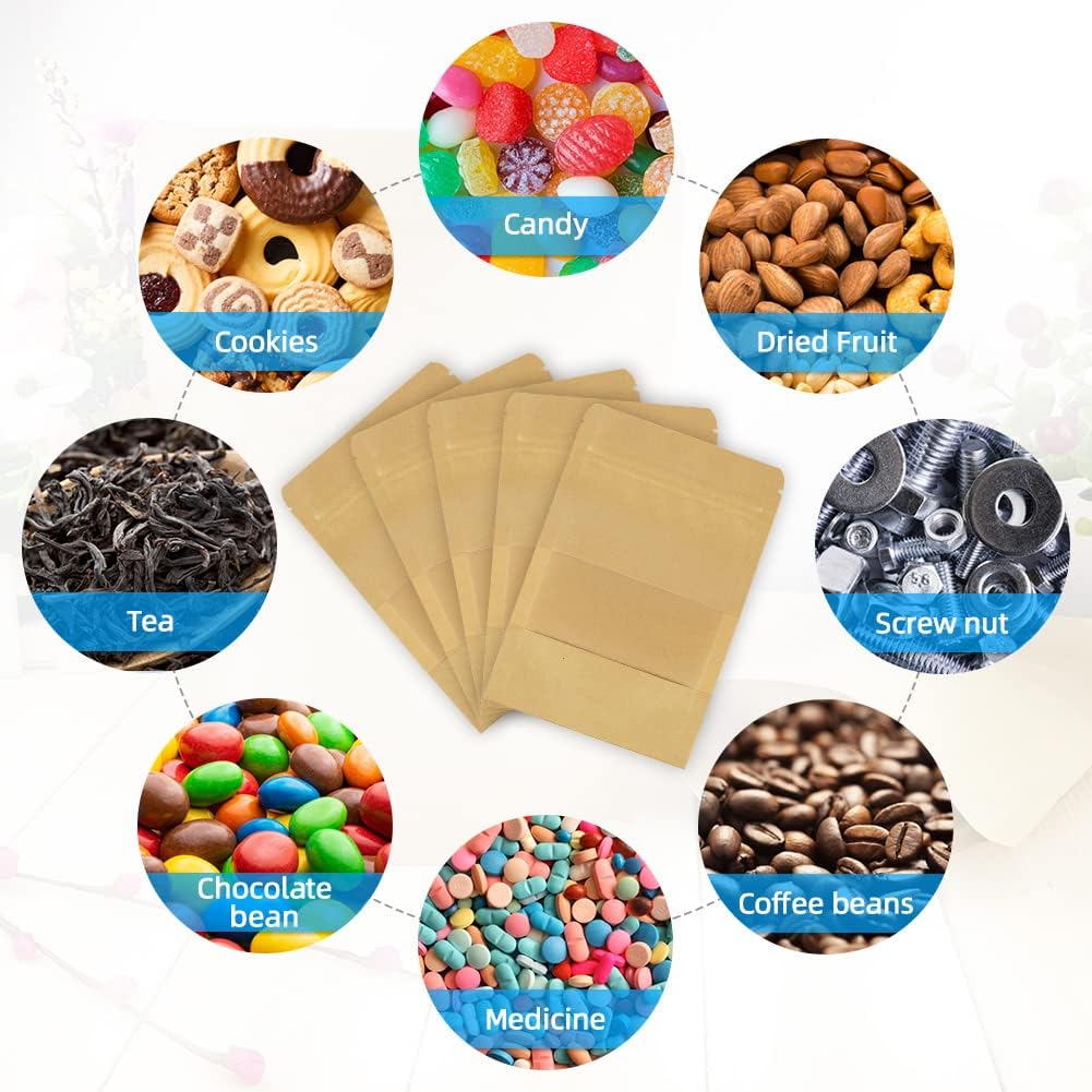 AUAUY 100 Reusable Brown Kraft Paper Stand Up Pouches with Window and Zipper Closure, 9*14cm/3.5*5.5inch, 100 Count, Sealed Paper Pouch with Reinforced Bottom, Ideal for Food Storage and Packaging - Image 4