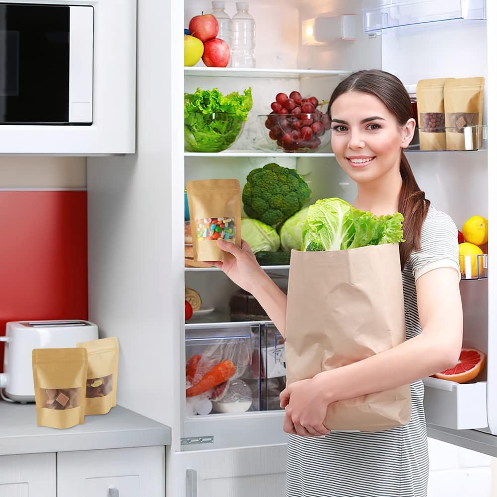 AUAUY 100 Reusable Brown Kraft Paper Stand Up Pouches with Window and Zipper Closure, 9*14cm/3.5*5.5inch, 100 Count, Sealed Paper Pouch with Reinforced Bottom, Ideal for Food Storage and Packaging - Image 6