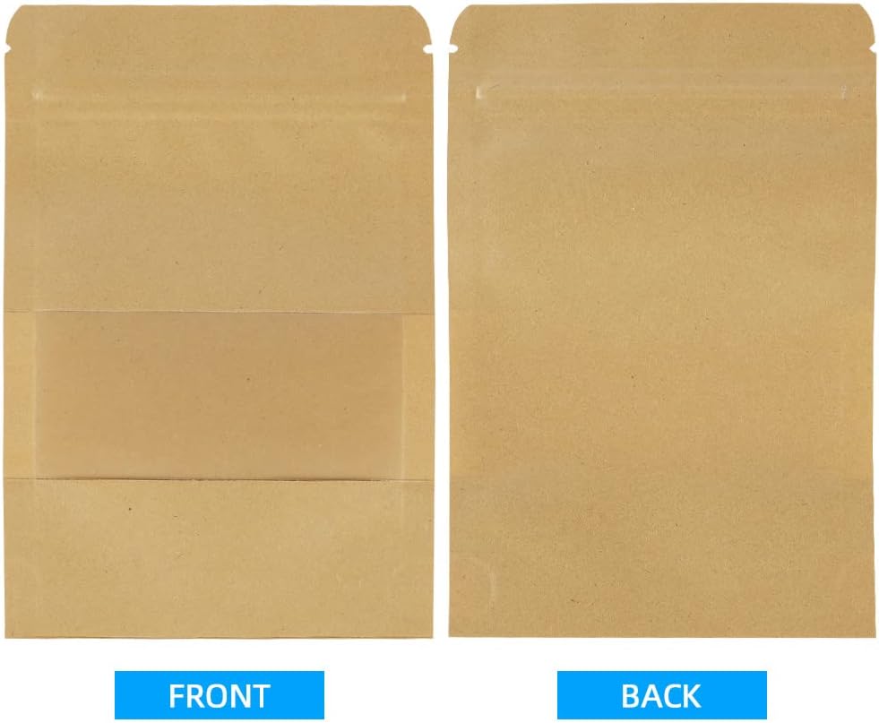 AUAUY 100 Reusable Brown Kraft Paper Stand Up Pouches with Window and Zipper Closure, 9*14cm/3.5*5.5inch, 100 Count, Sealed Paper Pouch with Reinforced Bottom, Ideal for Food Storage and Packaging - Image 9