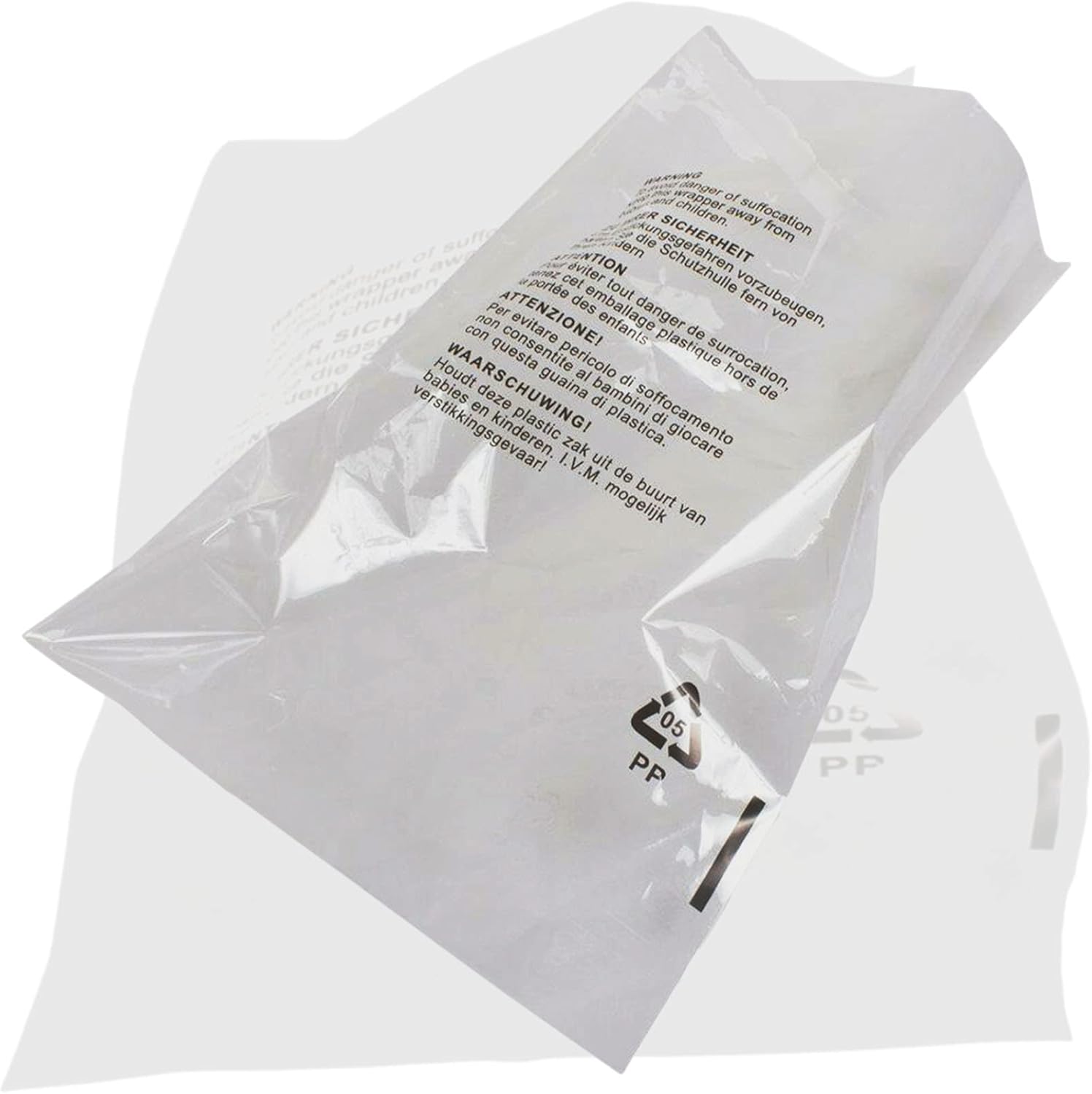 100 Self Seal Clear Cellophane Plastic Bags - Size 12 x 15" Transparent Poly Bags with Suffocation Warning in 5 Languages - Display Garment Packaging