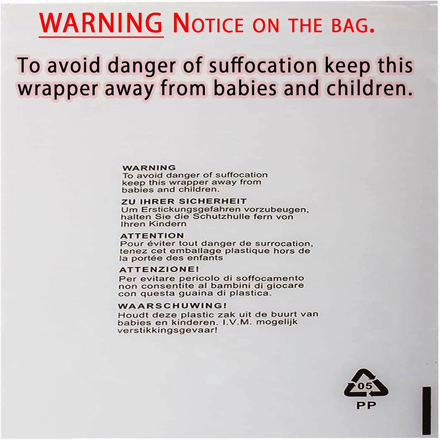 100 Self Seal Clear Cellophane Plastic Bags - Size 12 x 15" Transparent Poly Bags with Suffocation Warning in 5 Languages - Display Garment Packaging - Image 3