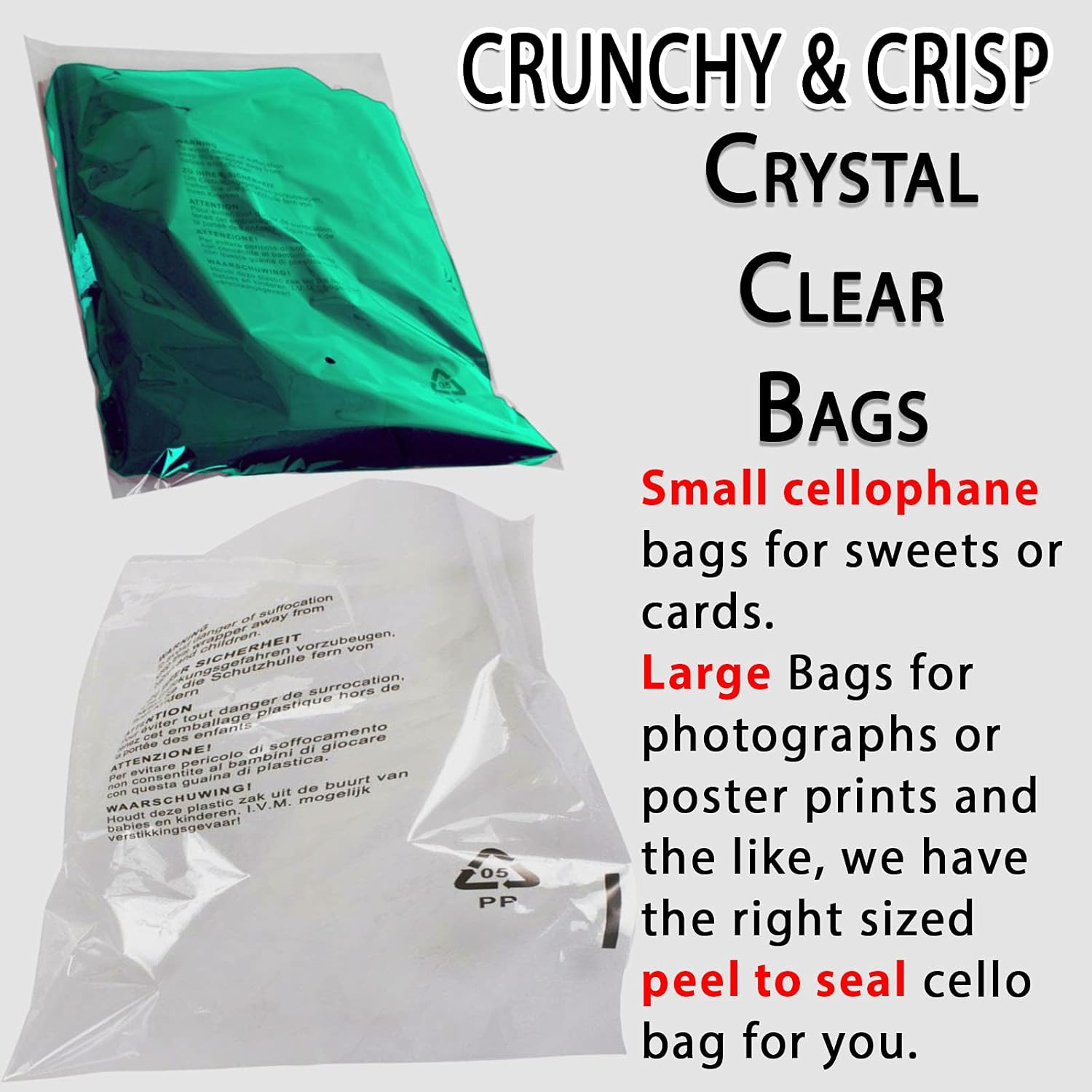 100 Self Seal Clear Cellophane Plastic Bags - Size 12 x 15" Transparent Poly Bags with Suffocation Warning in 5 Languages - Display Garment Packaging - Image 4