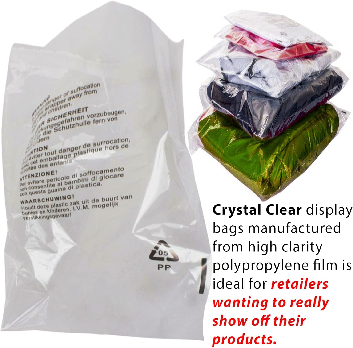 100 Self Seal Clear Cellophane Plastic Bags - Size 12 x 15" Transparent Poly Bags with Suffocation Warning in 5 Languages - Display Garment Packaging - Image 7