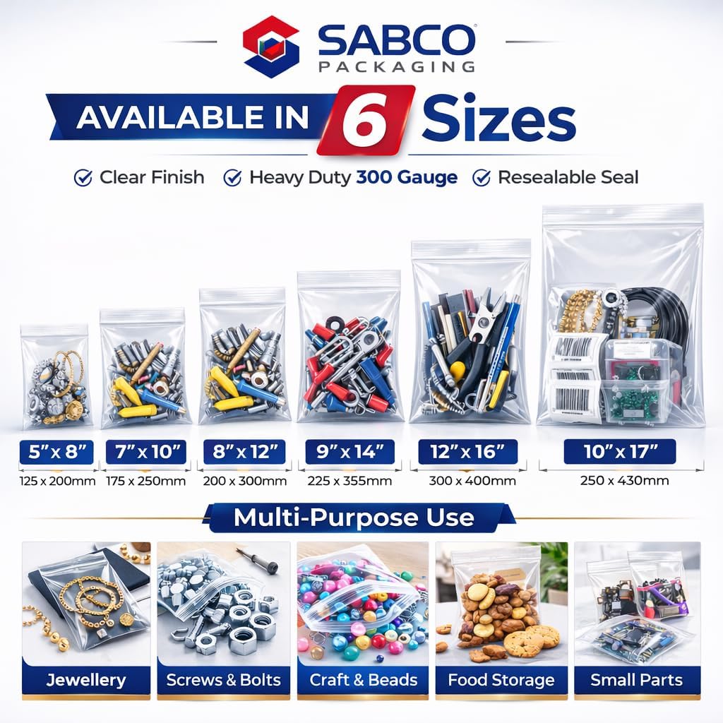 Sabco - 100 Grip Seal Bags 8" x 12" HEAVY DUTY 300 Gauge | Reusable Strong Zip Lock | Small Clear Resealable Plastic Bags | Polythene Packaging For Food Storage, Jewellery, Write On Resealable Bags - Image 3