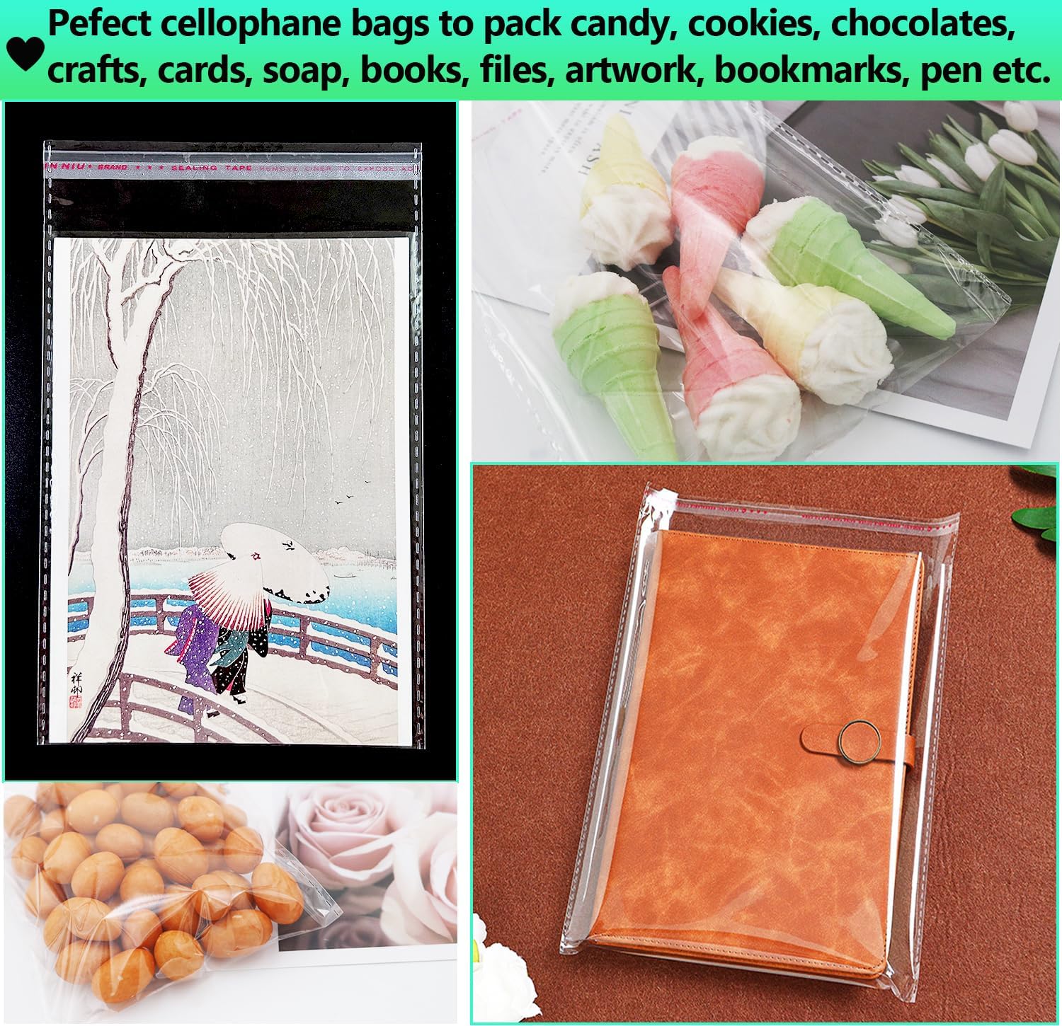 100pcs Clear 9x12.5" Cellophane Bags, A4 File Fit, Food Safe, Multi-purpose, Not Easy to Split, Custom Size, Polypropylene, Packing Material - Image 4
