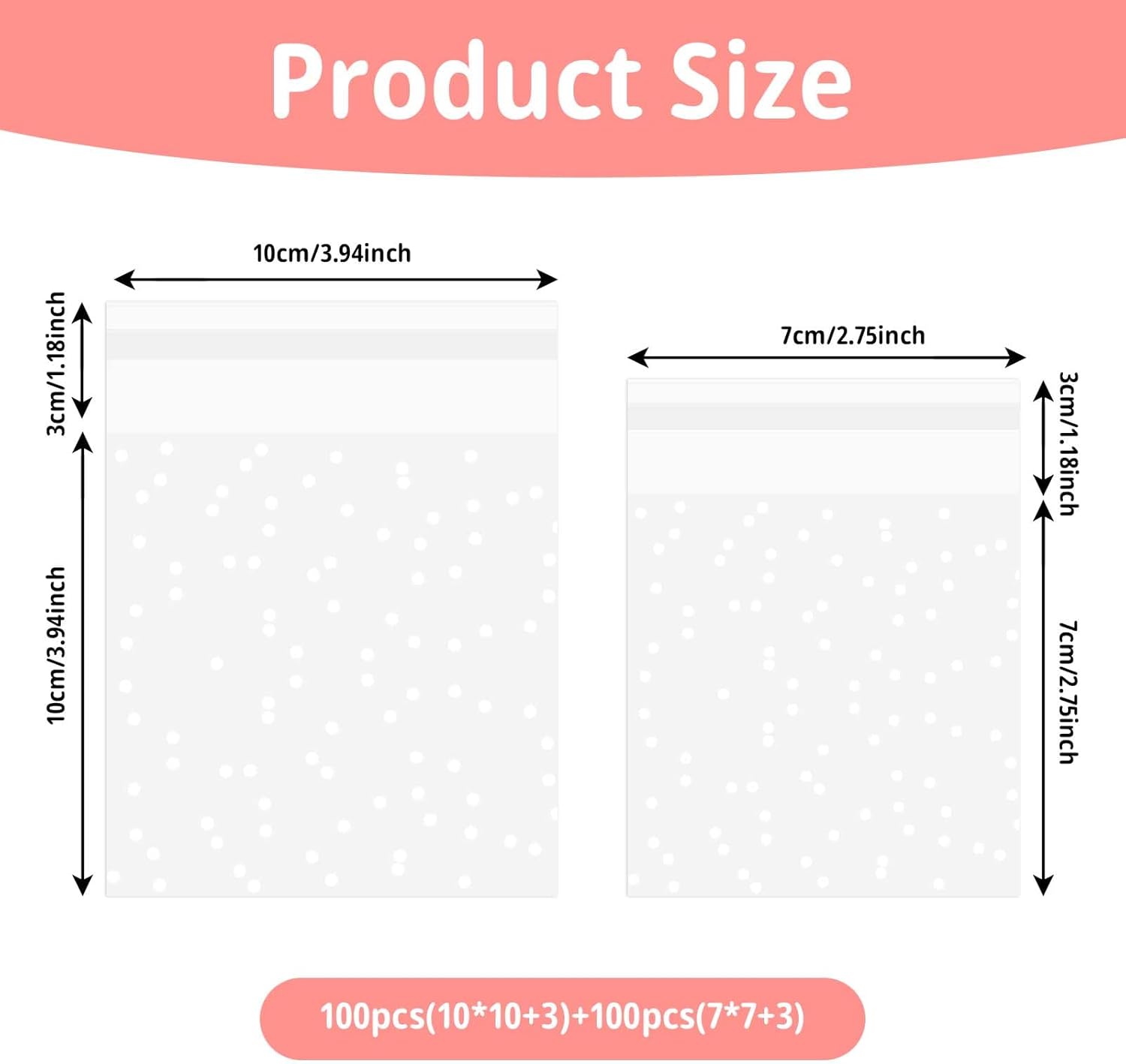 Cellophane Bags, 200 PCs White Polka Dot Self-Seal Translucent Cookie Bags Clear Frosted Plastic Package for Food Cookie Chocolates Biscuit Candy (7 X 7+3cm, 10×10cm+3cm) - Image 2