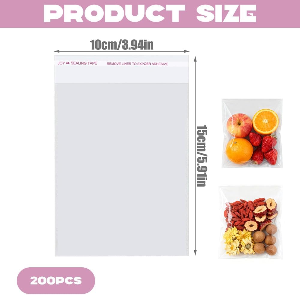 200-Pack Cellophane Bags Self Seal Small Clear Plastic Bags with Adhesive Strip for Cookies Sweets Candy Gifts Jewellery Crafts Resealable & Multipurpose OPP Bag (15 * 25cm) - Image 2