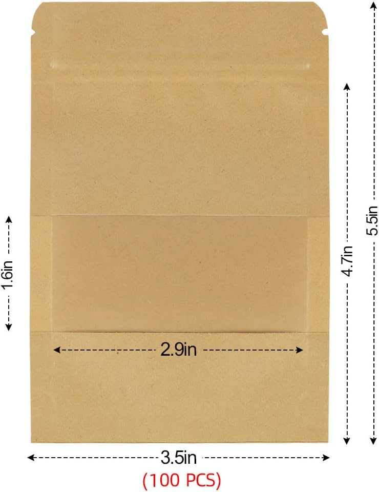 AUAUY 100 Reusable Brown Kraft Paper Stand Up Pouches with Window and Zipper Closure, 9*14cm/3.5*5.5inch, 100 Count, Sealed Paper Pouch with Reinforced Bottom, Ideal for Food Storage and Packaging - Image 7
