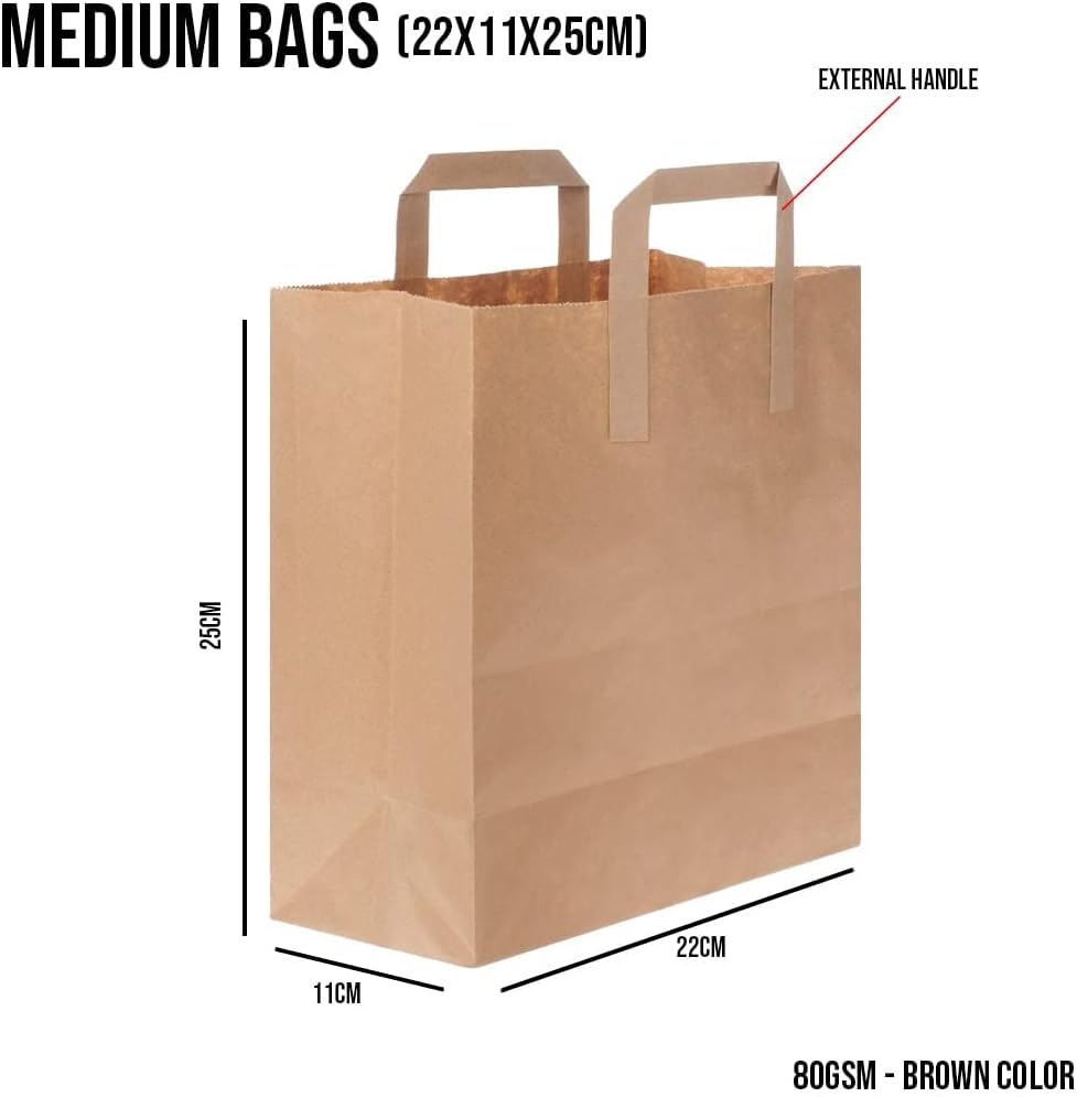 Paper Bags with Handles - 50 Medium Brown Paper Bags (W8.6" x H10" x D4.3") SOS Kraft Bags - Perfect for Lunch, Party, Gift, Storage, Packaging, Grocery, Takeaway, Shopping, Sandwich - Image 2