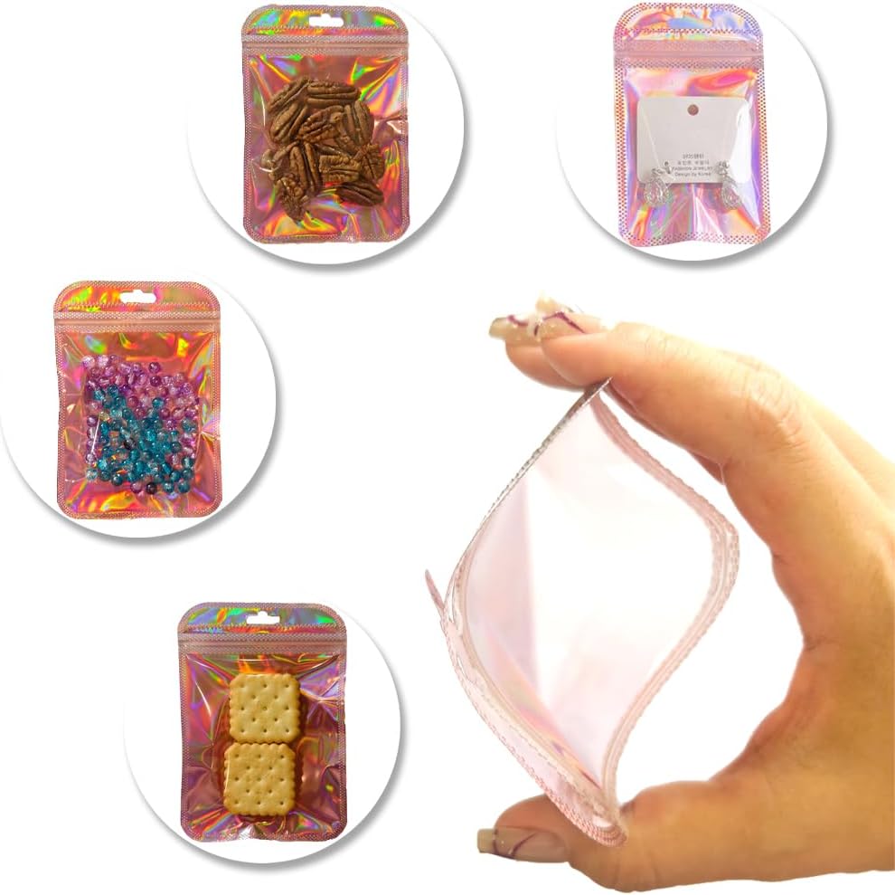 50 PCS Cellophane Bags, 10.5×15cm Pink Plastic Bags, Grip Foil Ziplock bags, Resealable Storage Pouches, Sweet & Cookie & Plastic Bag, Jewellery and Sweets, Perfect for Kitchen Storage (Laser Pink) - Image 4