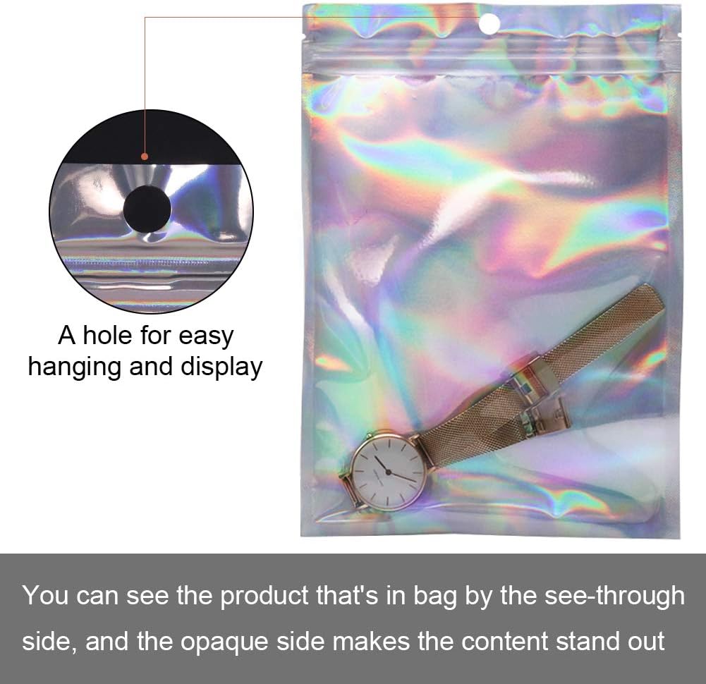 100pcs Holographic Foil Bags Sealable ZipLock 14 x 19.8 cm, Resealable Mylar Sample Pouch Gift Baggies for Candy Snack Jewelry Lash Lip Gloss - Image 4
