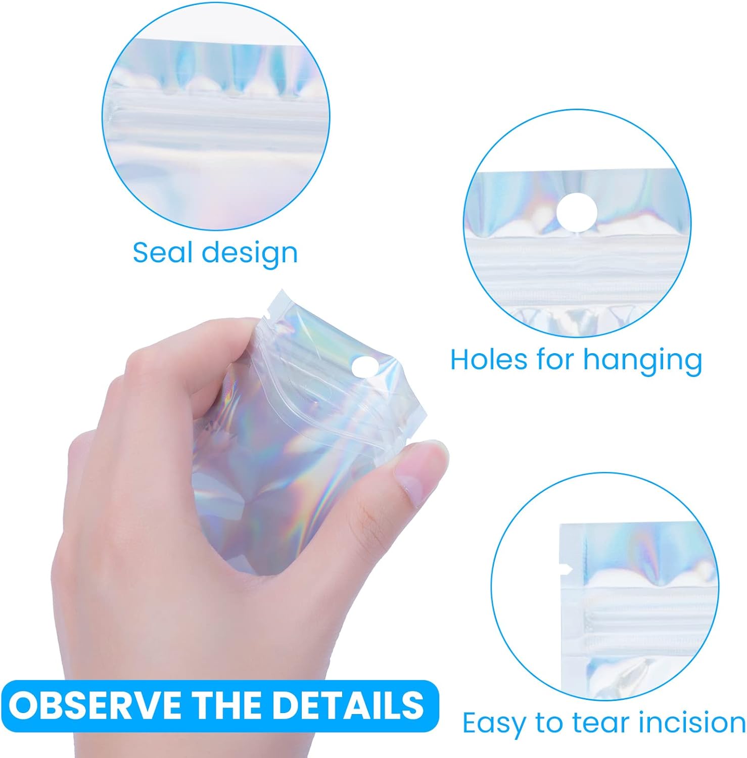 7x10cm Mylar Foil Ziplock Bags, 100PCS Sealable Smell Proof Resealable Holographic Bags for Coffee Beans, Candy, Cookies, Jewelry - Image 3