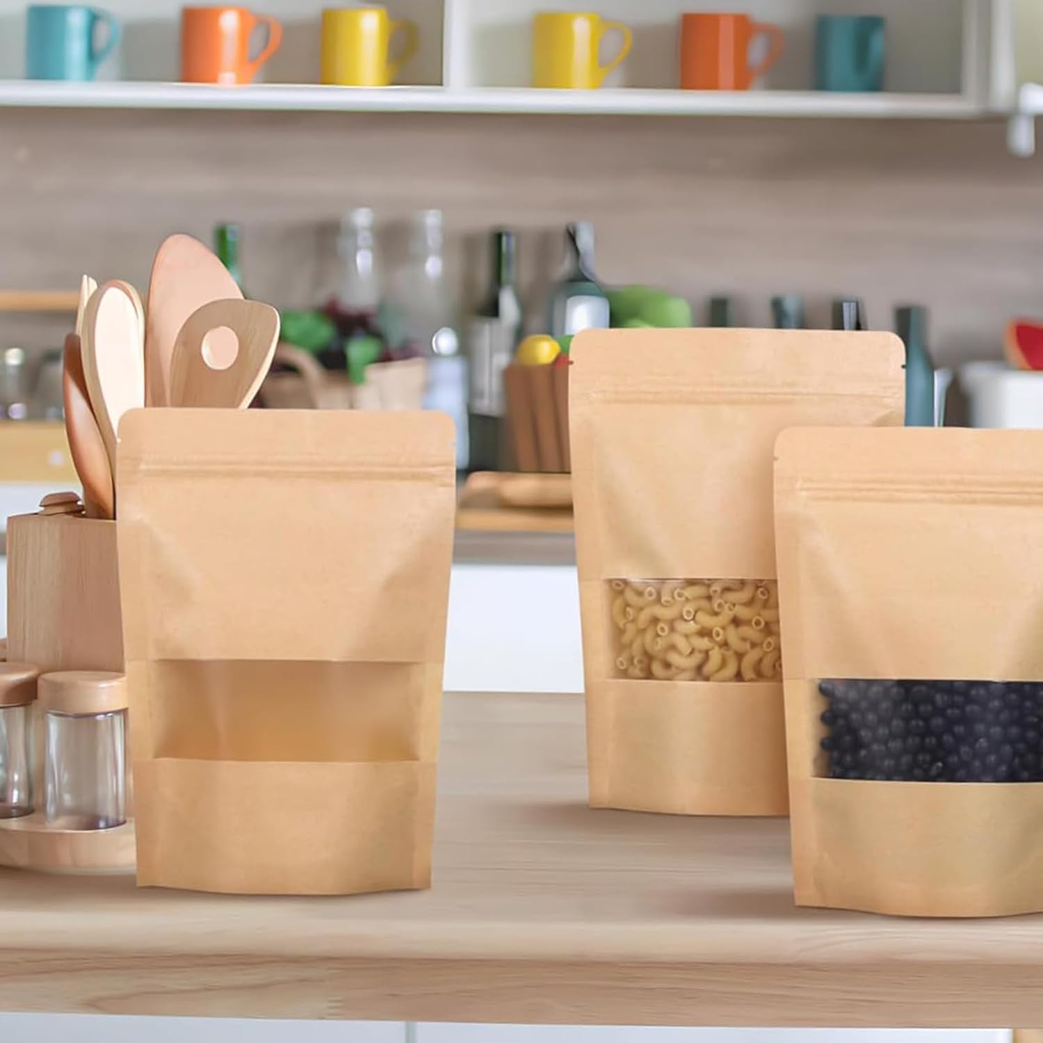 100 Pcs Kraft Pouches With Window, Kraft Bags with Resealable, Stand Up Food Bags for Cookie Tea Candy Nut Spices - Image 5