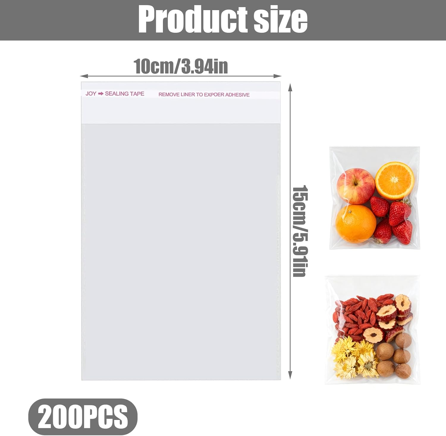 200-Pack Cellophane Bags Self Seal Small Clear Plastic Bags with Adhesive Strip for Cookies Sweets Candy Gifts Jewellery Crafts Resealable & Multipurpose OPP Bag (10 * 15cm) - Image 3