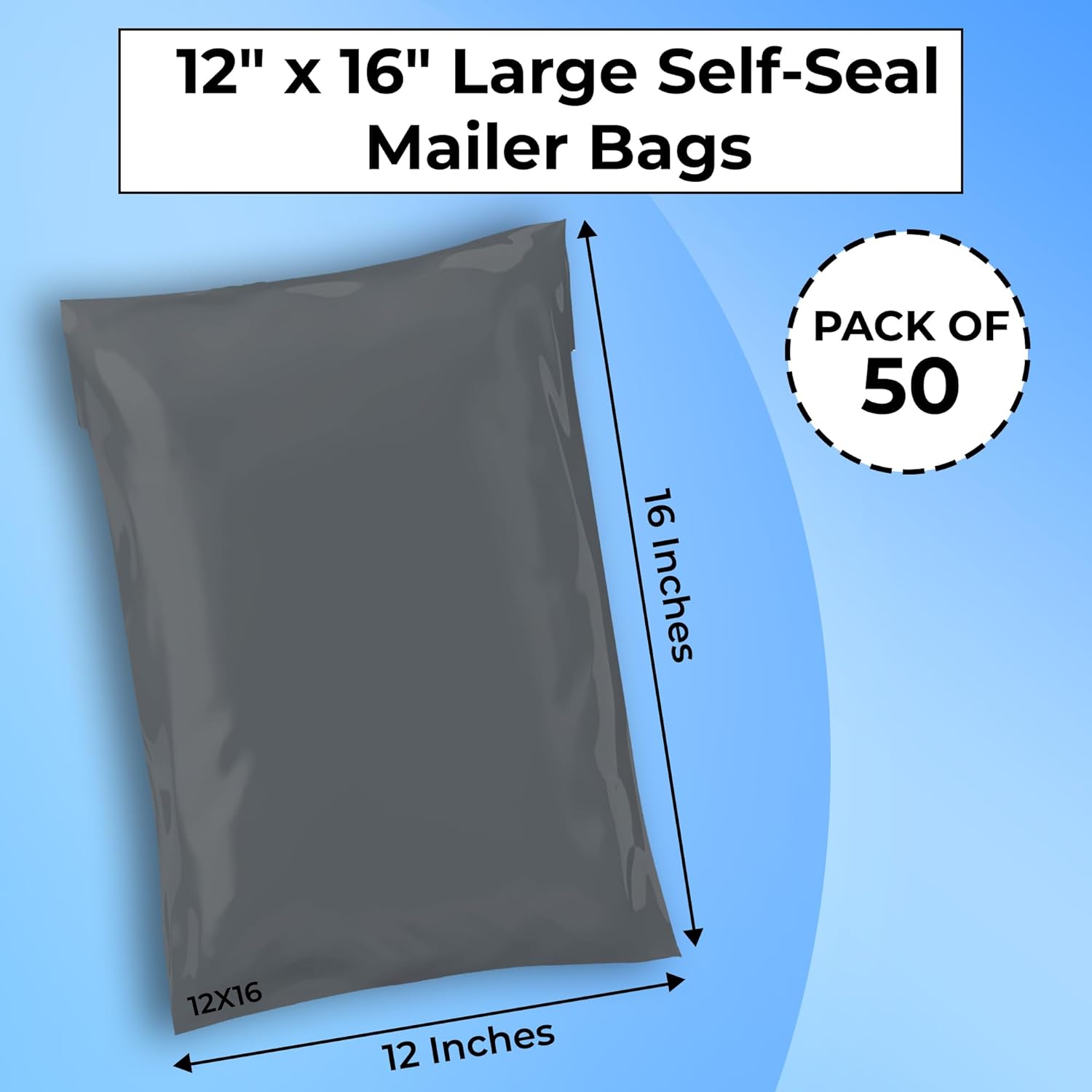 Double Dragon 50-Pack 12"x16" Self-Seal Grey Poly Mailer Bags |Self-Seal Shipping Envelopes | Strong, Waterproof, Tamper-Proof Polythene Packaging for Clothes, Bedding & Parcels (Also for Storage) - Image 2