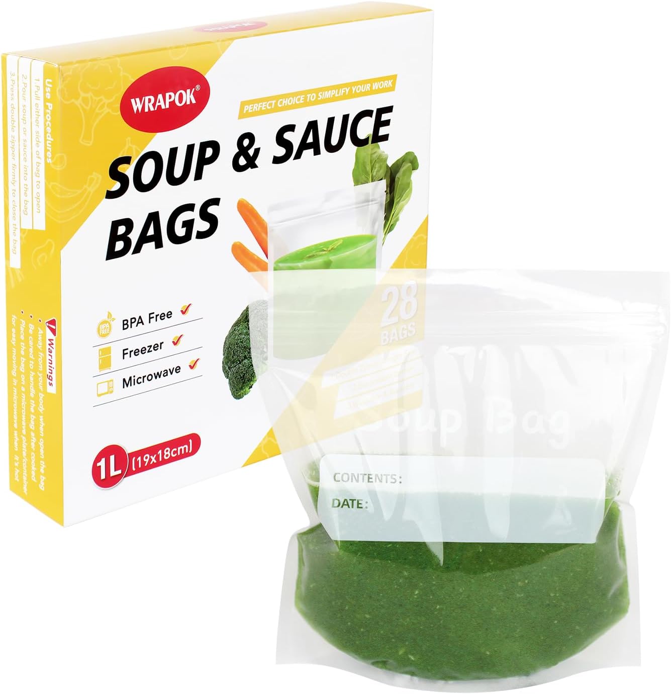 Soup Freezer Bags Reusable Liquid Storage Bag Ziplock Sauce Container Clear Sealed Bag, 1 Litre - Pack of 28
