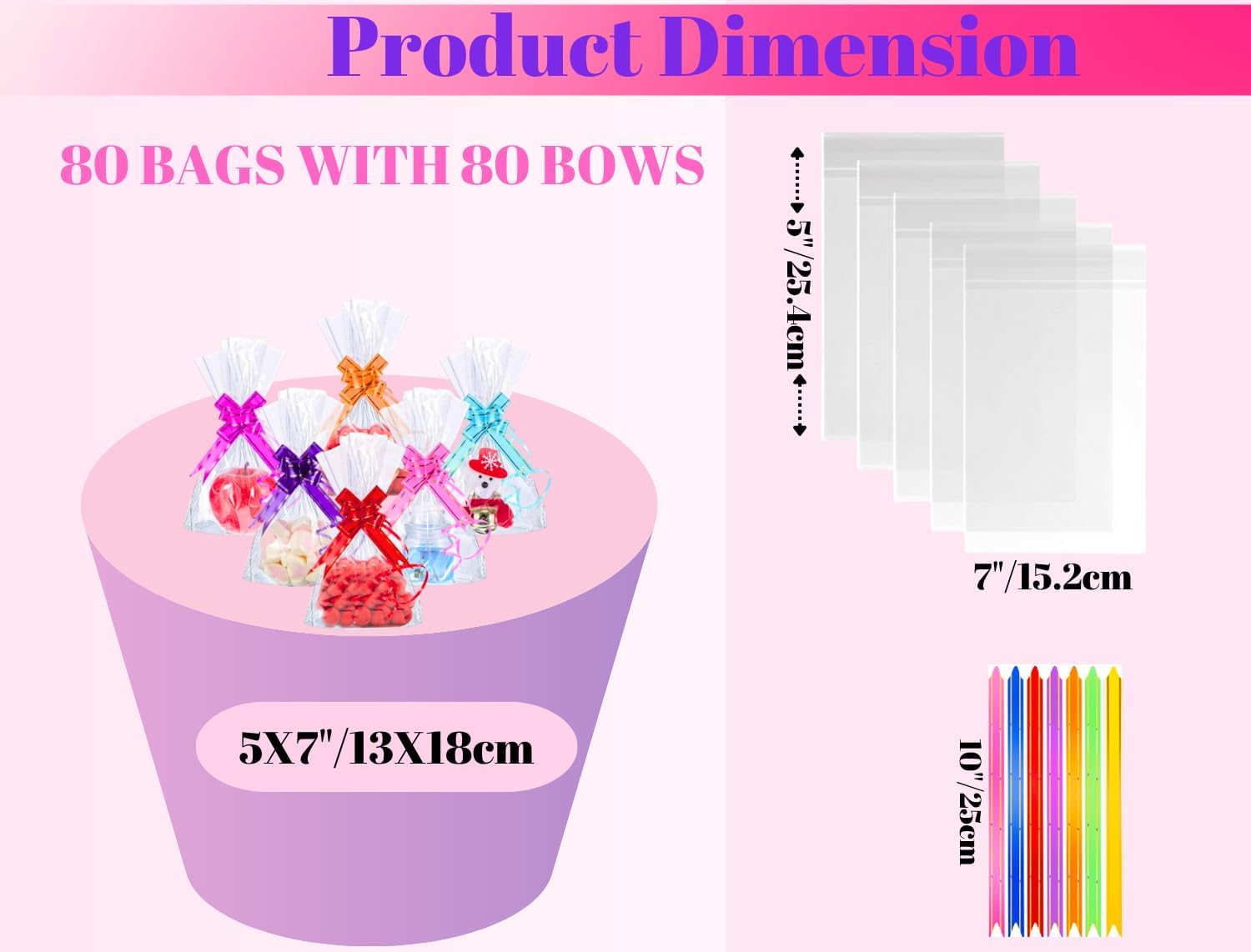 MAARA Small Cellophane Bags, Pack Of 80 (5"X7"/13X18cm) Clear Food Safe Sweet Bags, Flat Bottom Plastic Party Treat Bags With Pull Bows For Cookies, Biscuits, Clear Gift Bags - Image 2