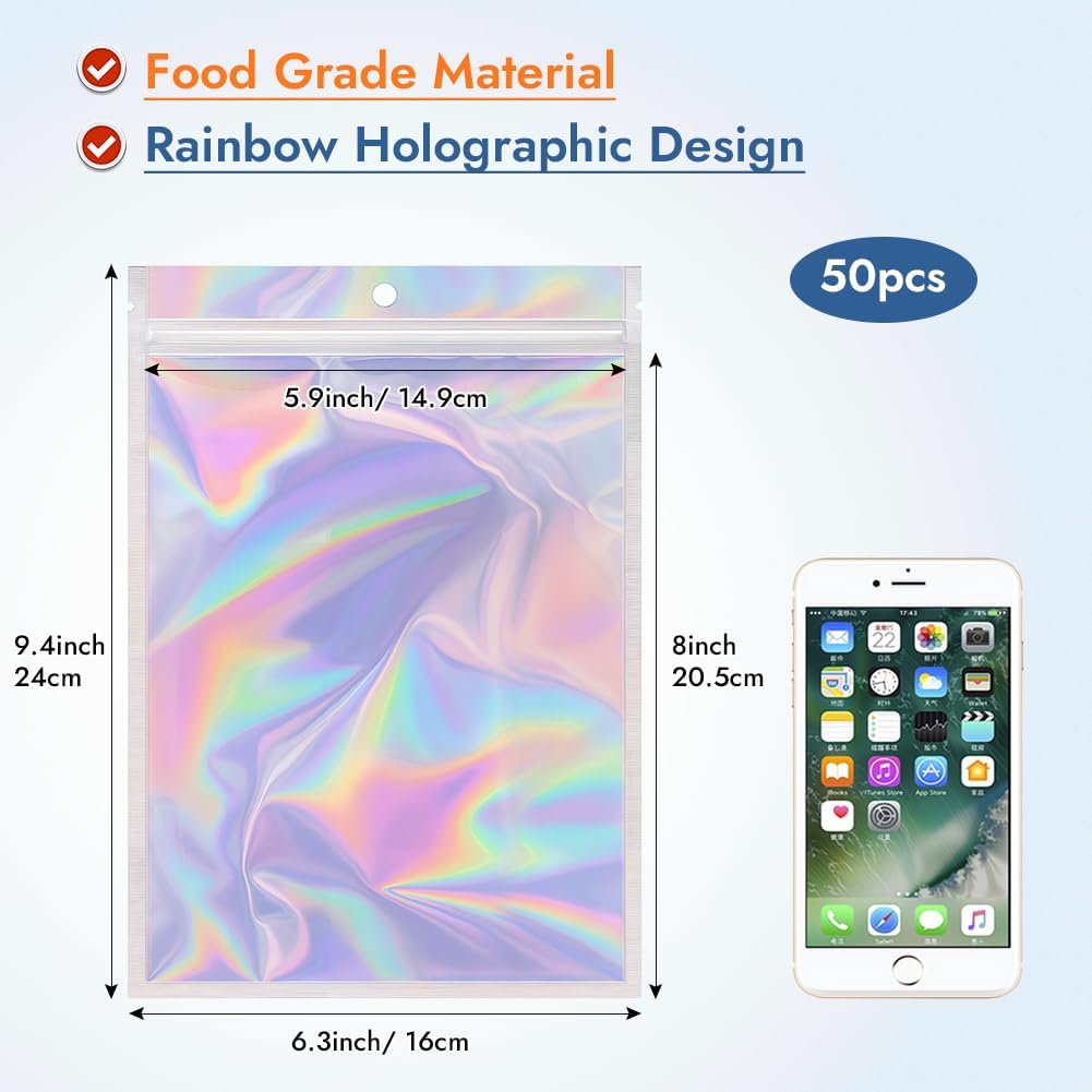 16x24cm Zip Lock Bags, Holographic Large Mylar Foil Ziplock Food Storage Bags Sealable Packaging Gift Pouch for Candy Cookies Jewellery Lash Lip Gloss Sample(Pack of 50) - Image 2