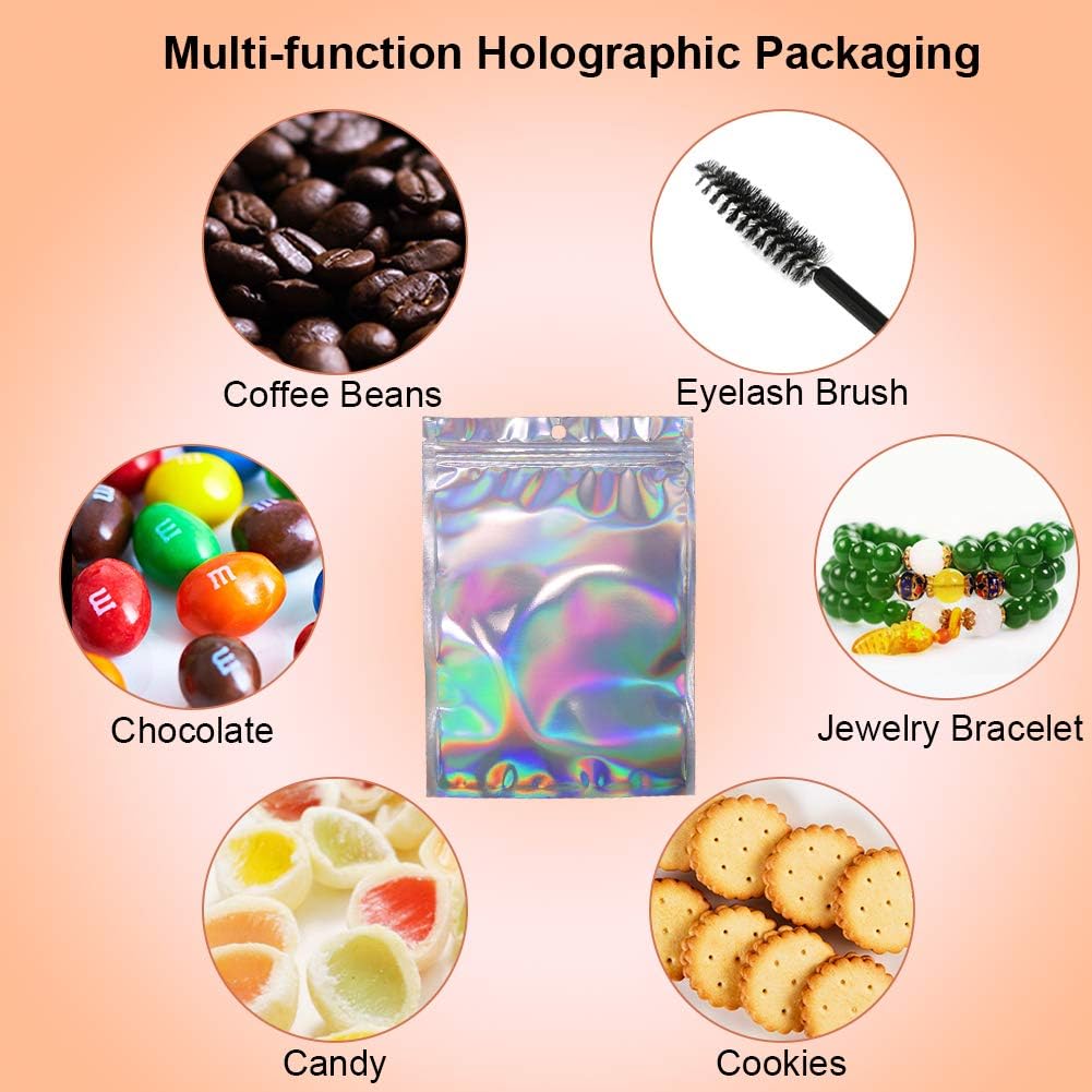100pcs Holographic Foil Bags Sealable ZipLock 14 x 19.8 cm, Resealable Mylar Sample Pouch Gift Baggies for Candy Snack Jewelry Lash Lip Gloss - Image 5