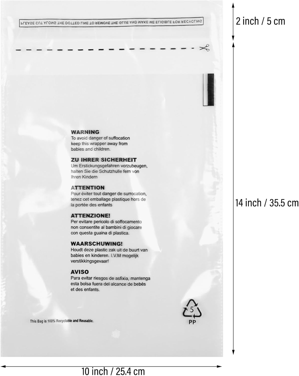 100 x Self Seal Clear Cellophane Plastic Bags with Suffocation Warning in 5 Languages, FBA Polybags, Transparent Packaging Poly Bags (10'' x 14'') - Image 2