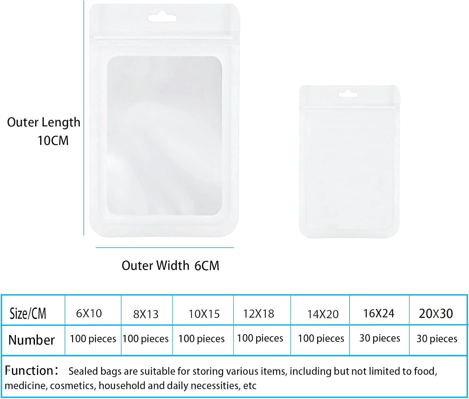 100pcs White Mylar Ziplock Bags - Foil Sealed, Holographic Plastic Packaging - 6x10cm Smell Proof, Resealable, Small, Sample, Storage, Grip Seal Bags for Food, Jewelry - Image 2