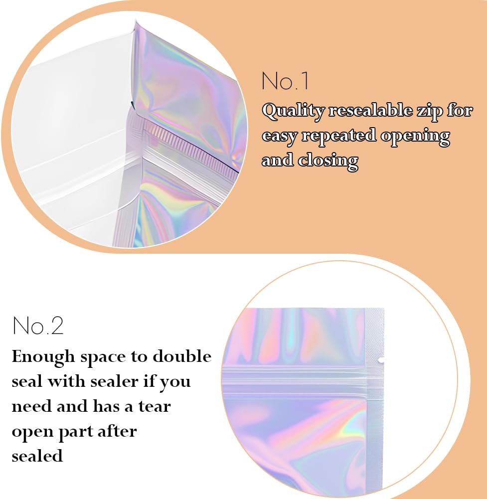HRX Package Holographic Ziplock Bags, 14x20cm Sealable Mylar Sweet Pouch Foil Bags for Wax Melt Packaging Food Sample Bags(Pack of 50) - Image 3