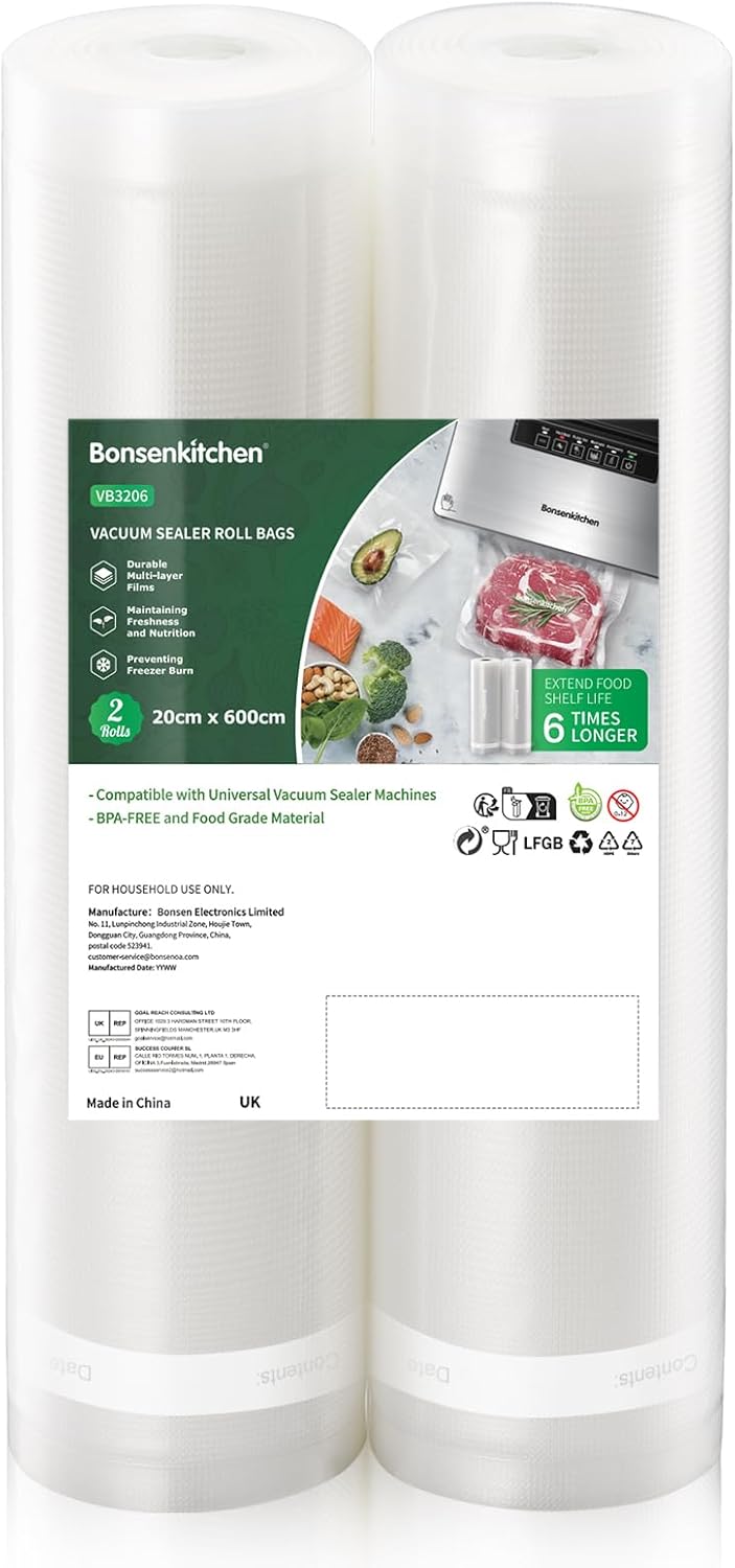 Bonsenkitchen Vacuum Food Sealer Rolls Bags, 2 Packs 20 cm x 600 cm Storage Bags, BPA Free, Heavy Duty Commercial Customized Size for Food Storage and Sous Vide Cooking (VB3206)