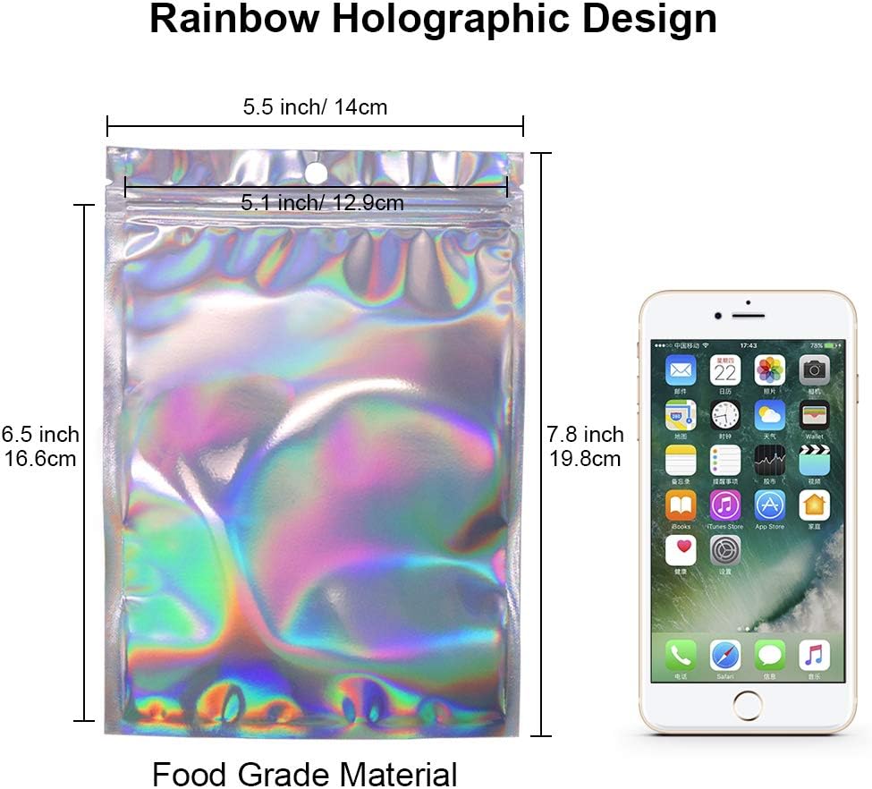 100pcs Holographic Foil Bags Sealable ZipLock 14 x 19.8 cm, Resealable Mylar Sample Pouch Gift Baggies for Candy Snack Jewelry Lash Lip Gloss - Image 2