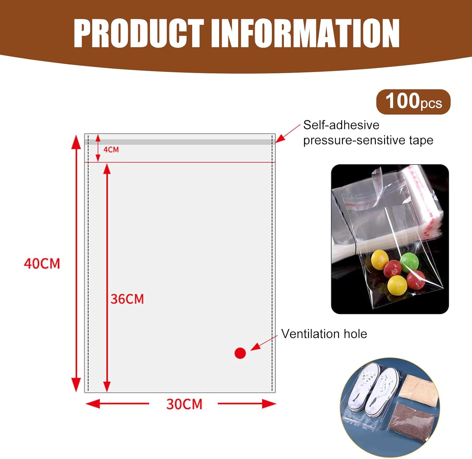 100pcs transparent packages self seal cellophane bags(12x17Inch),opp A3 cellophane bag,cellophane bags large for cookies, candies, gifts, clothes, shoes - Image 2