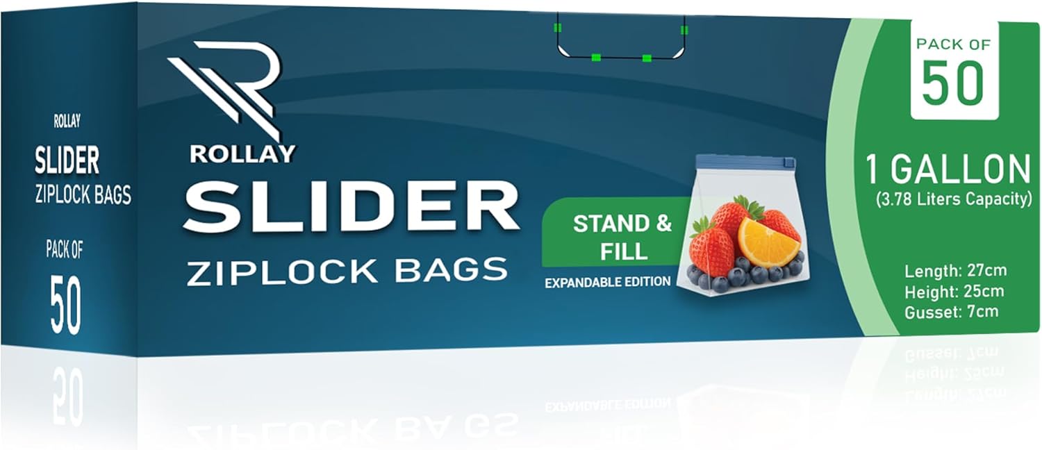 50 Slider Ziplock Bags – 1 Gallon(3.78L) Food Storage Bags – Stand & Fill with Expandable Bottom – Resealable, Freezer Safe, Microwave Ready – Great for Fruits, Veggies & Leftovers