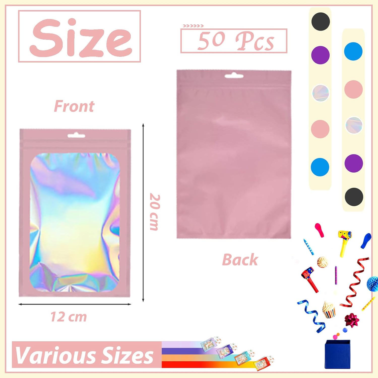 50pcs Holographic Mylar Bag 12x20cm - Pink Smell Proof Resealable Sweet Pouches for Lipgloss, Jewelry, Eyelash, Food Storage Gift With Grip Foil Ziplock - Image 2