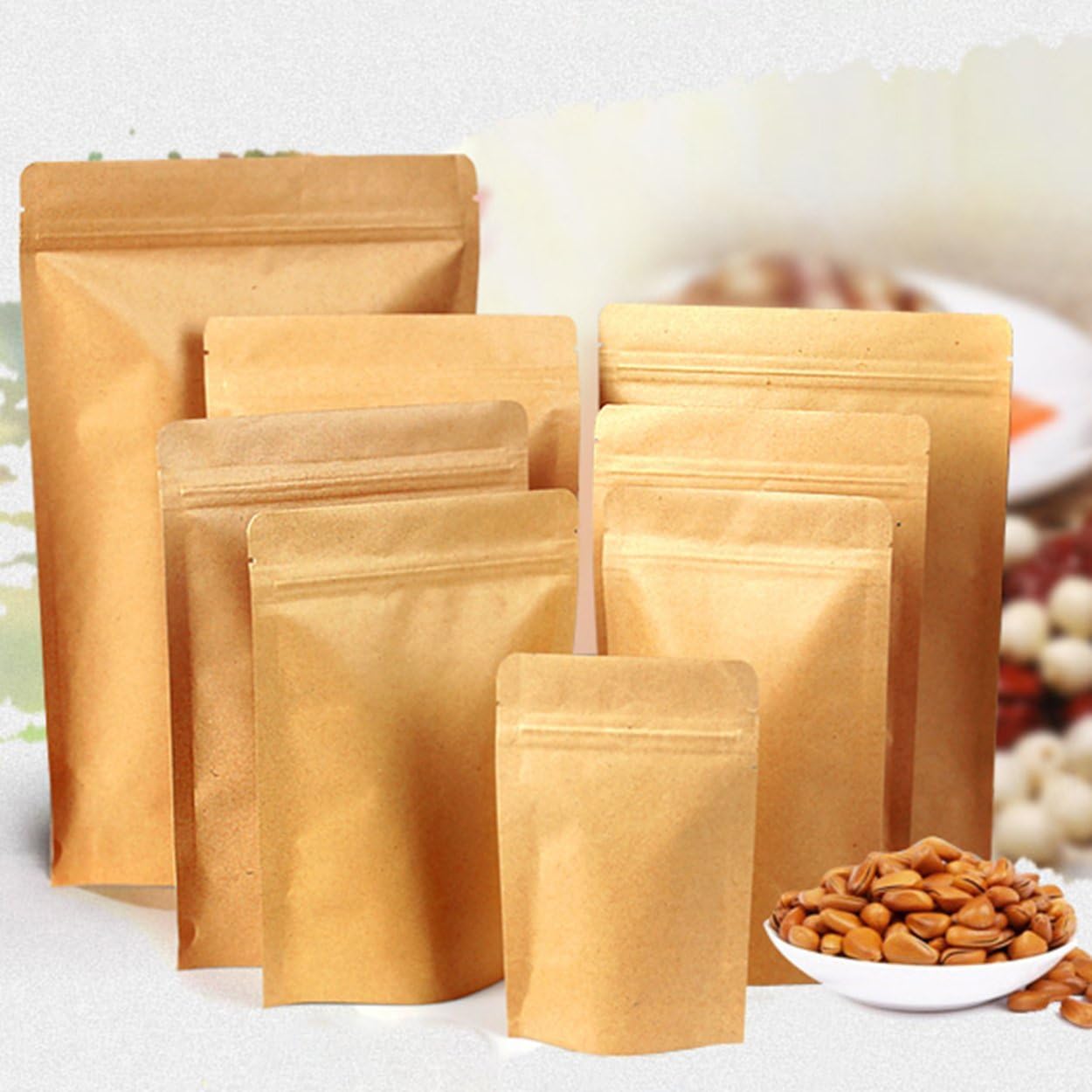Evergreen Goods 10pcs Brown Kraft Food Stand Up Pouch Bags (90x30x140mm) | Food Grade, Foil Lined, Tear Notch Zip Lock Bags | Resealable Packaging Bags for Bath Salt, Dried Food, Tea, Coffee & Snacks - Image 2