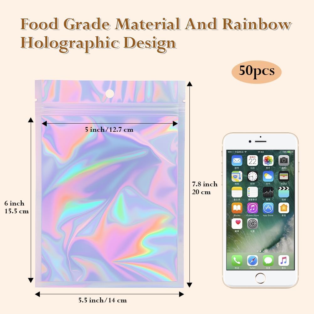 HRX Package Holographic Ziplock Bags, 14x20cm Sealable Mylar Sweet Pouch Foil Bags for Wax Melt Packaging Food Sample Bags(Pack of 50) - Image 2