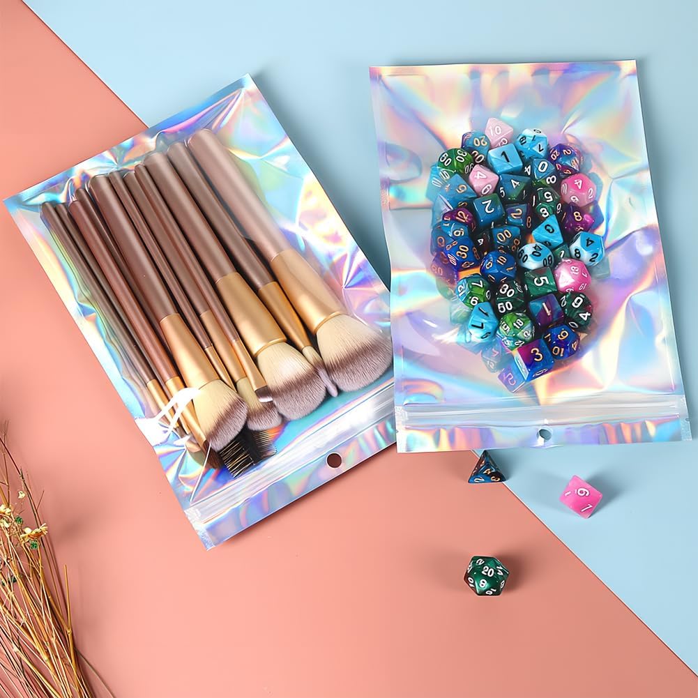 16x24cm Zip Lock Bags, Holographic Large Mylar Foil Ziplock Food Storage Bags Sealable Packaging Gift Pouch for Candy Cookies Jewellery Lash Lip Gloss Sample(Pack of 50) - Image 6
