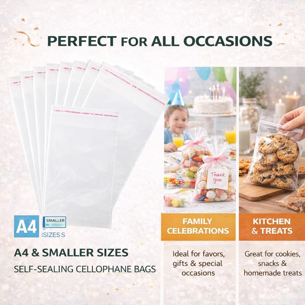 HURUC A4 Clear Self-Seal Cellophane Bags – 100 Pack | Self-Adhesive OPP Bags for Documents, Prints, Cookies, Crafts,Easter, Stationery & Gifts - Image 7